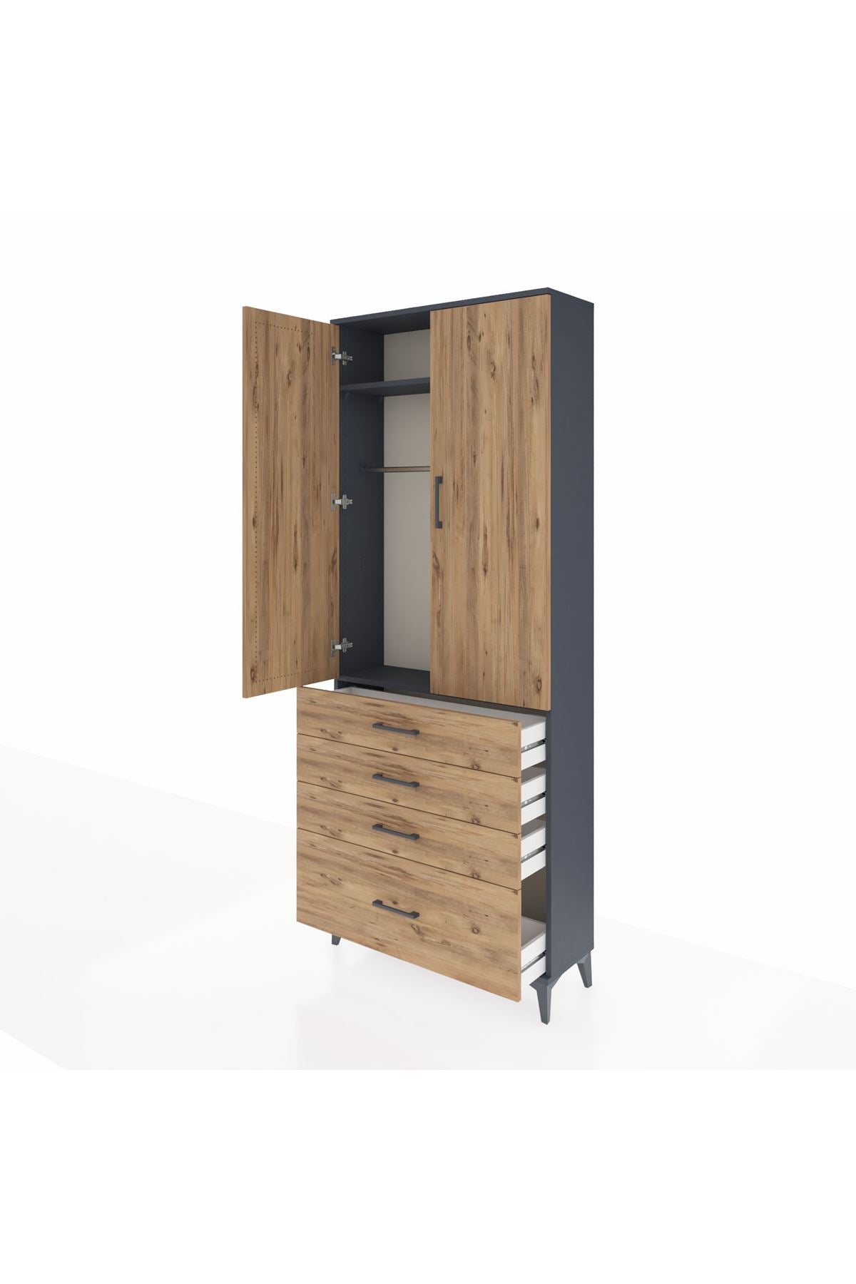 Arges Dolap 2 Raflı 4 Çekmeceli Tek Askılı 88x30x221 Antrasit-Çam