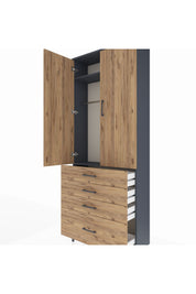 Arges Dolap 2 Raflı 4 Çekmeceli Tek Askılı 88x30x221 Antrasit-Çam