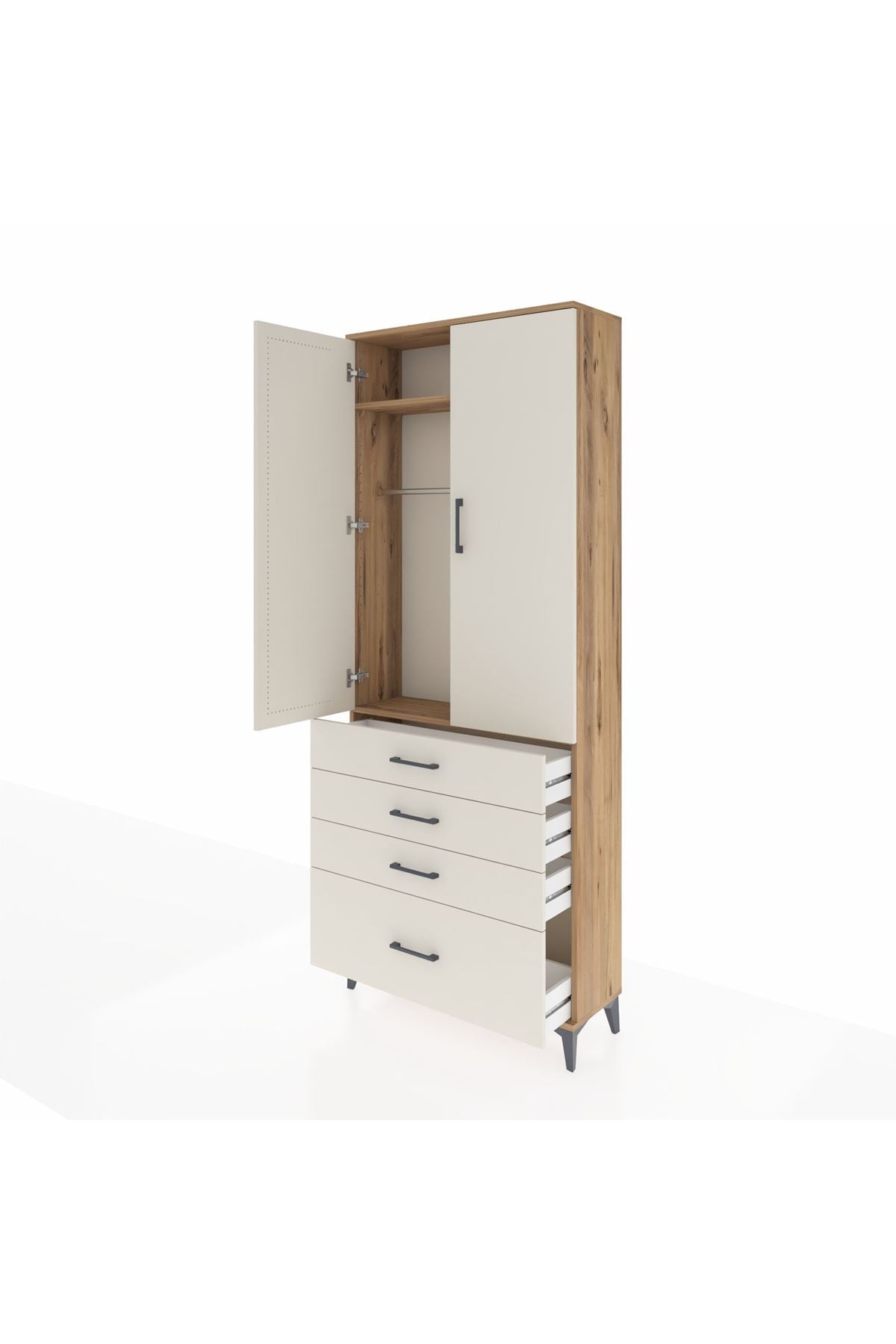Arges Dolap 2 Raflı 4 Çekmeceli Tek Askılı 88x30x221 Çam-Aytaşı