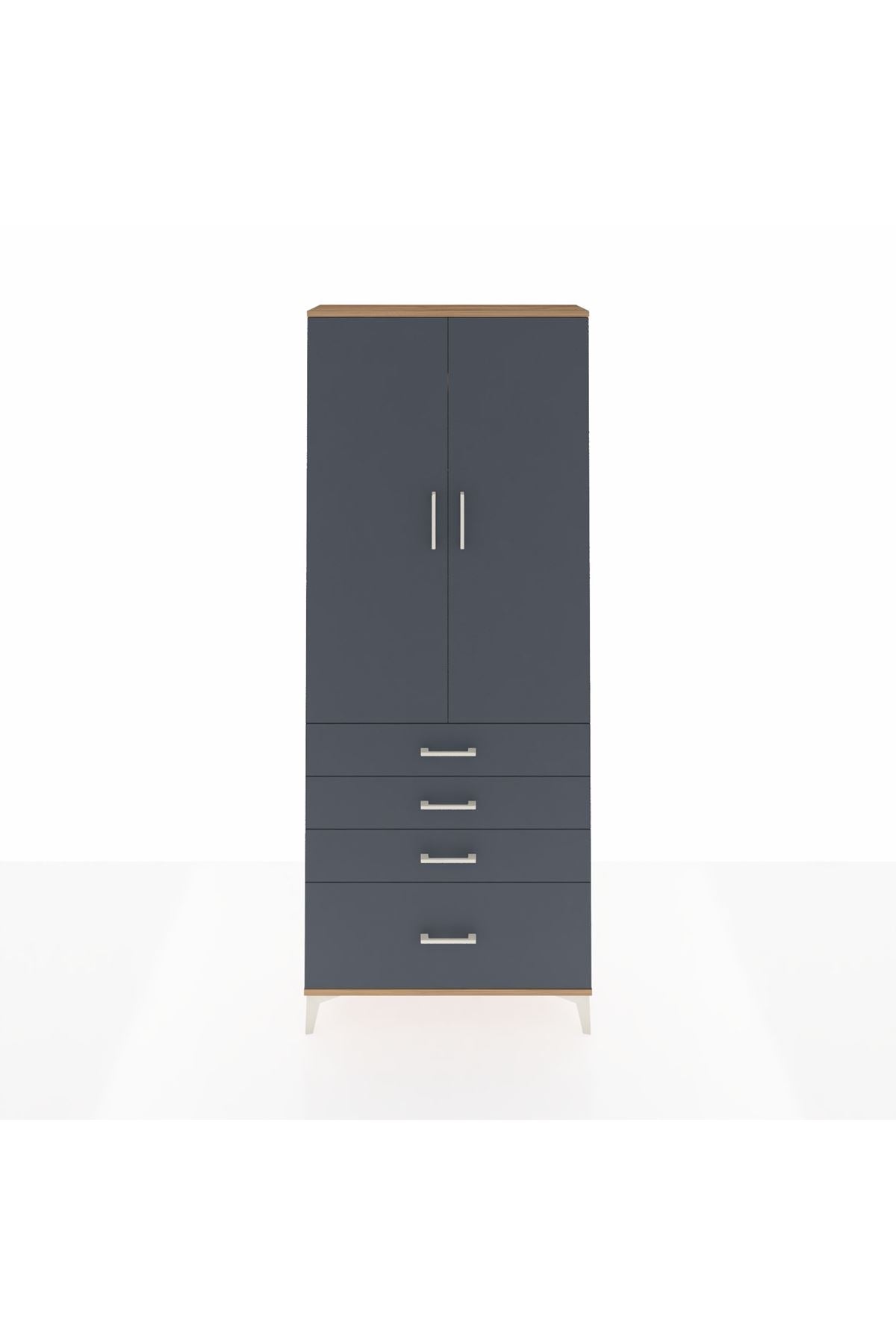 Arges Dolap 2 Raflı 4 Çekmeceli Tek Askılı 88x30x221 Çam-Antrasit