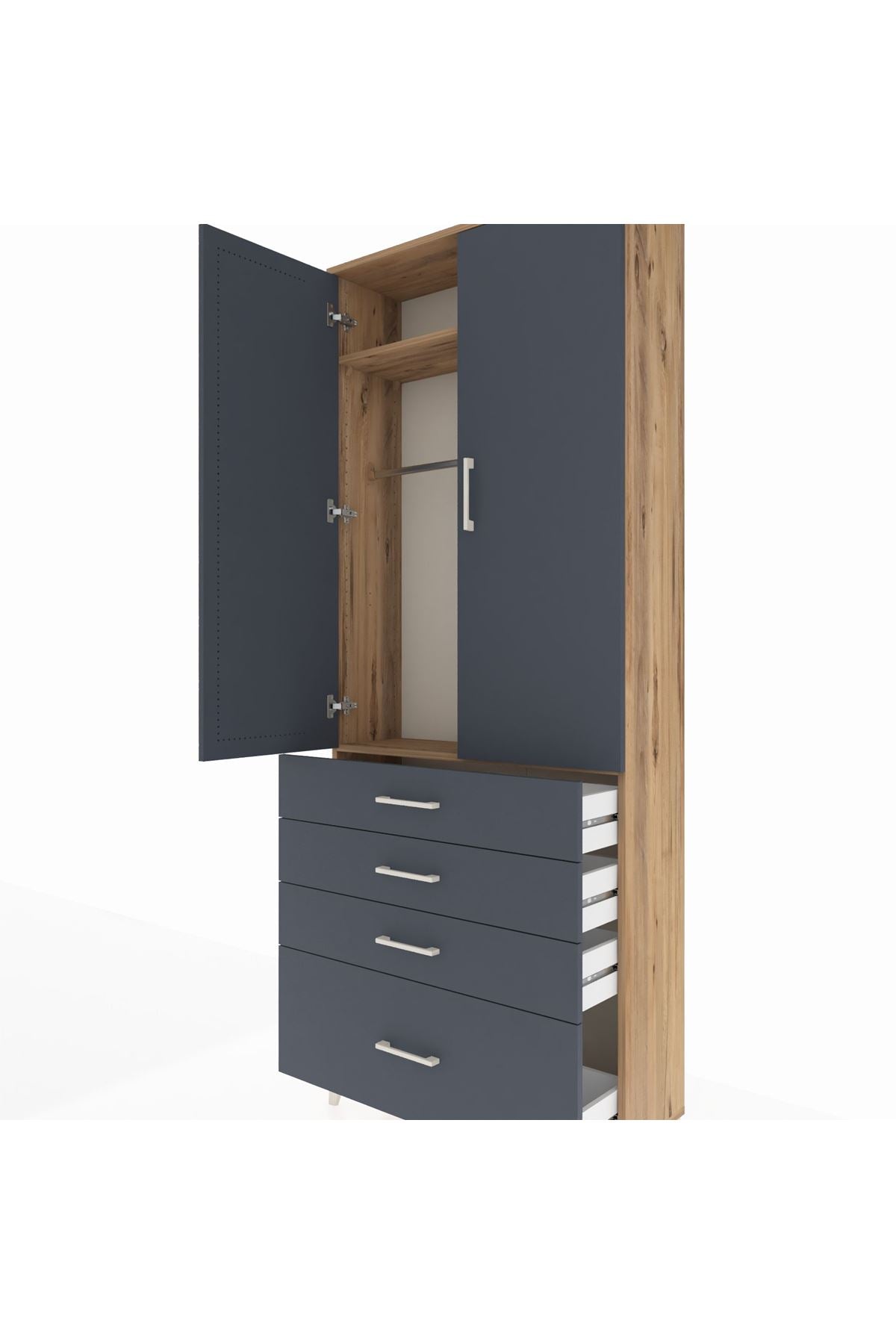 Arges Dolap 2 Raflı 4 Çekmeceli Tek Askılı 88x30x221 Çam-Antrasit