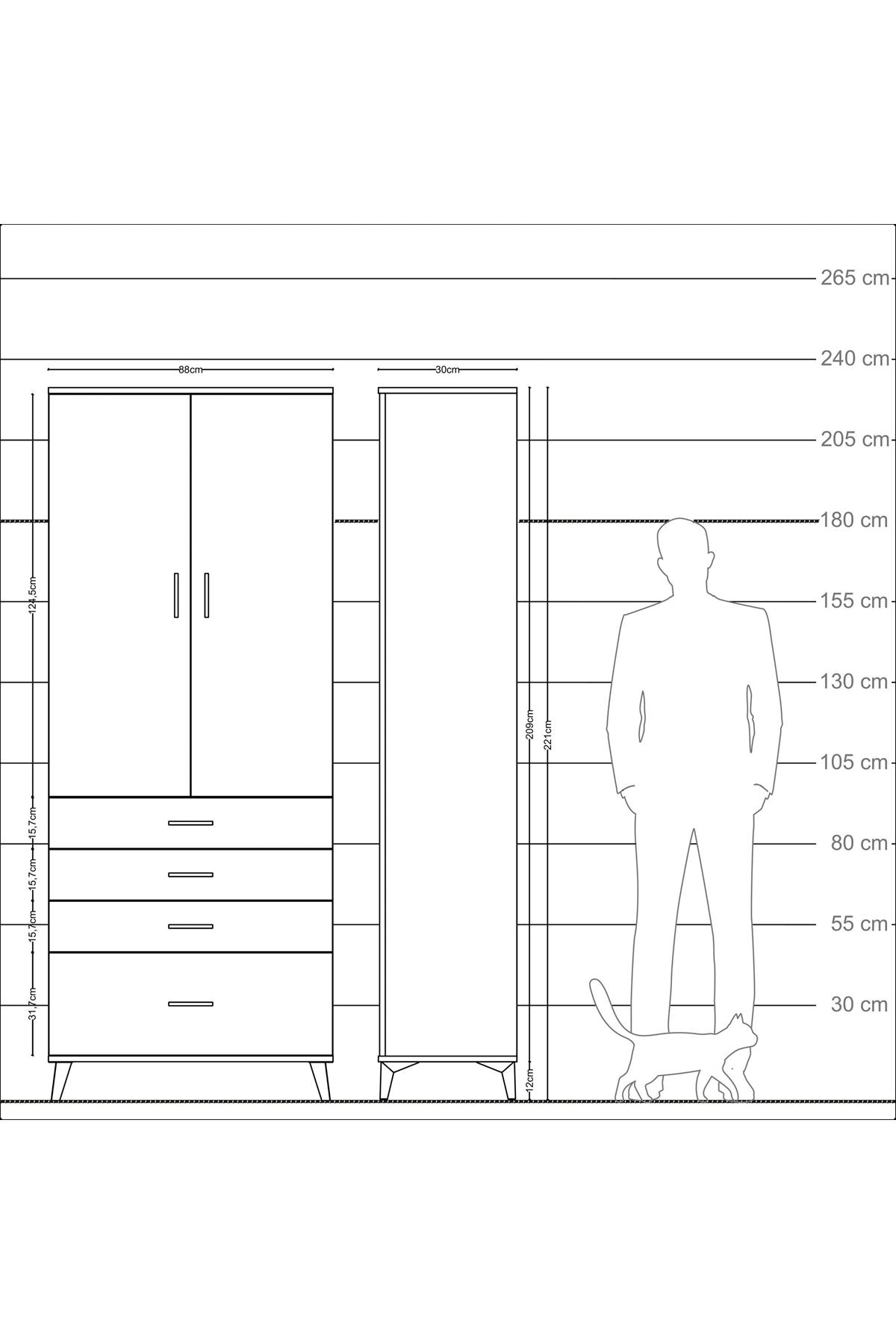 Arges Dolap 2 Raflı 4 Çekmeceli Tek Askılı 88x30x221 Çam-Çam