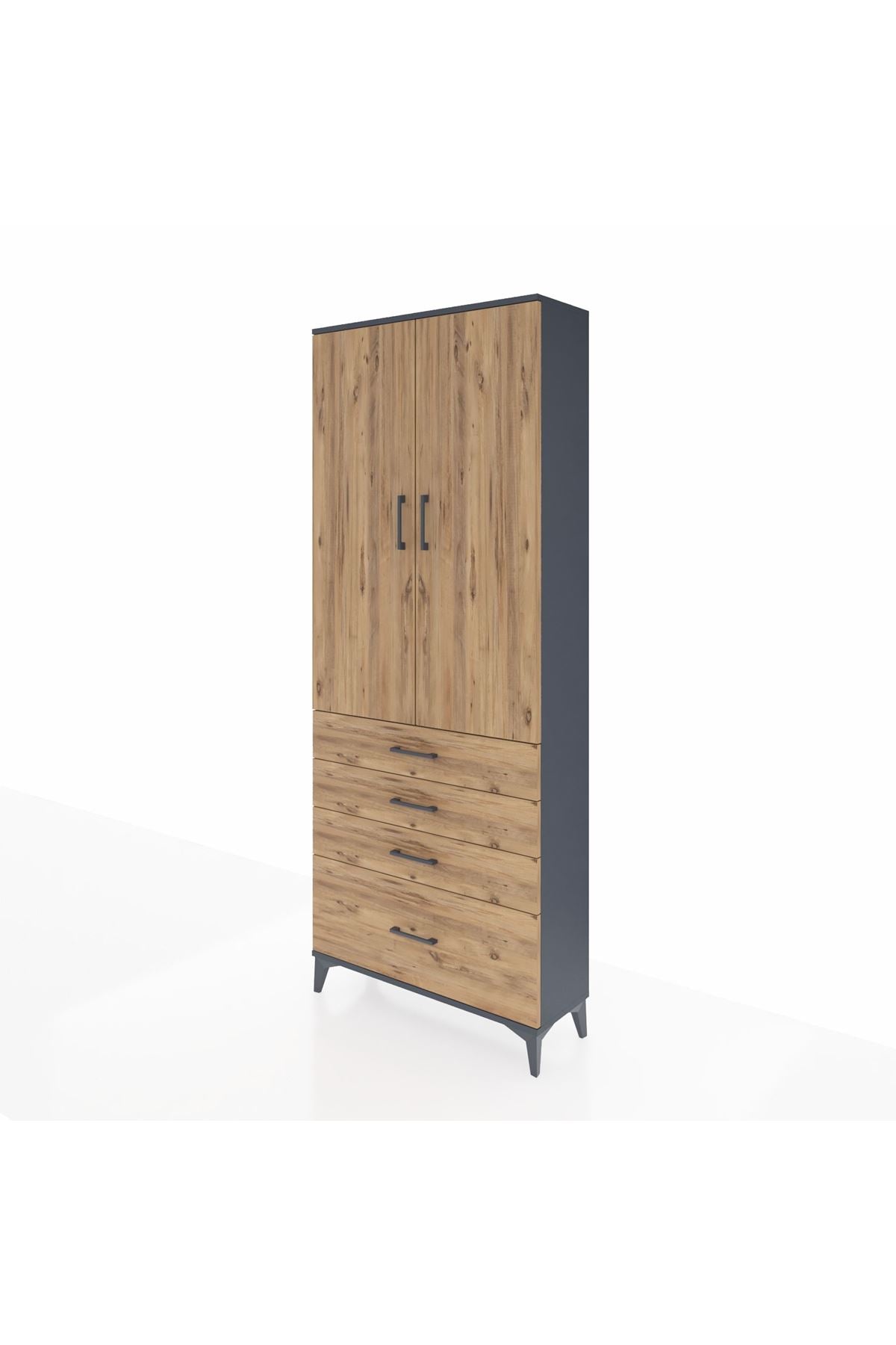 Arges Dolap 3 Raflı 4 Çekmeceli 2 Kapaklı 88x30x221 Antrasit-Çam