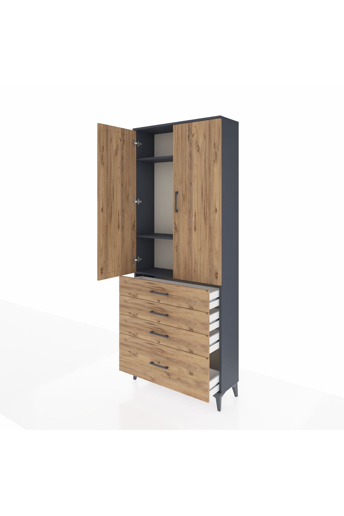 Arges Dolap 3 Raflı 4 Çekmeceli 2 Kapaklı 88x30x221 Antrasit-Çam