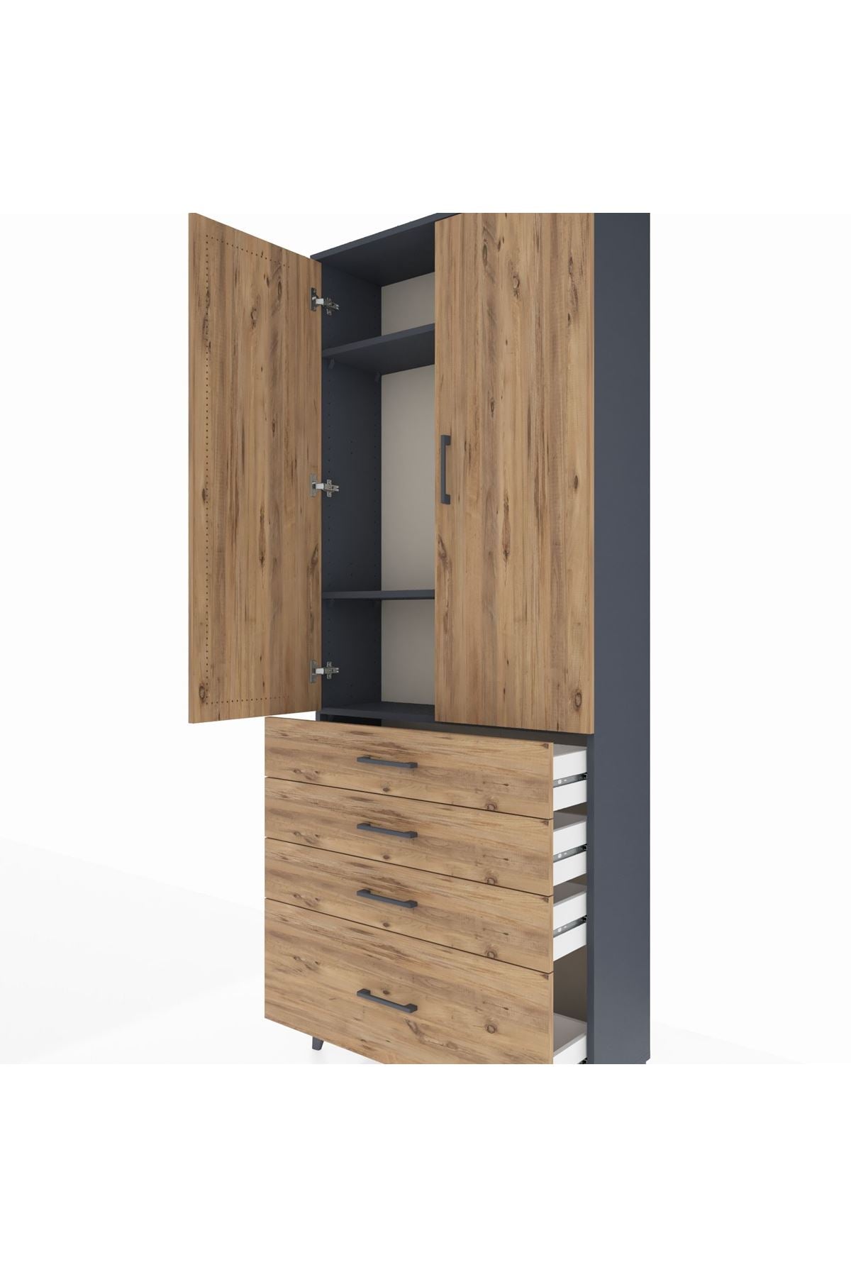 Arges Dolap 3 Raflı 4 Çekmeceli 2 Kapaklı 88x30x221 Antrasit-Çam