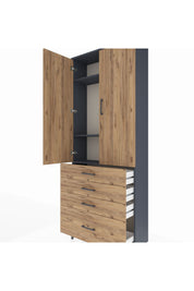 Arges Dolap 3 Raflı 4 Çekmeceli 2 Kapaklı 88x30x221 Antrasit-Çam