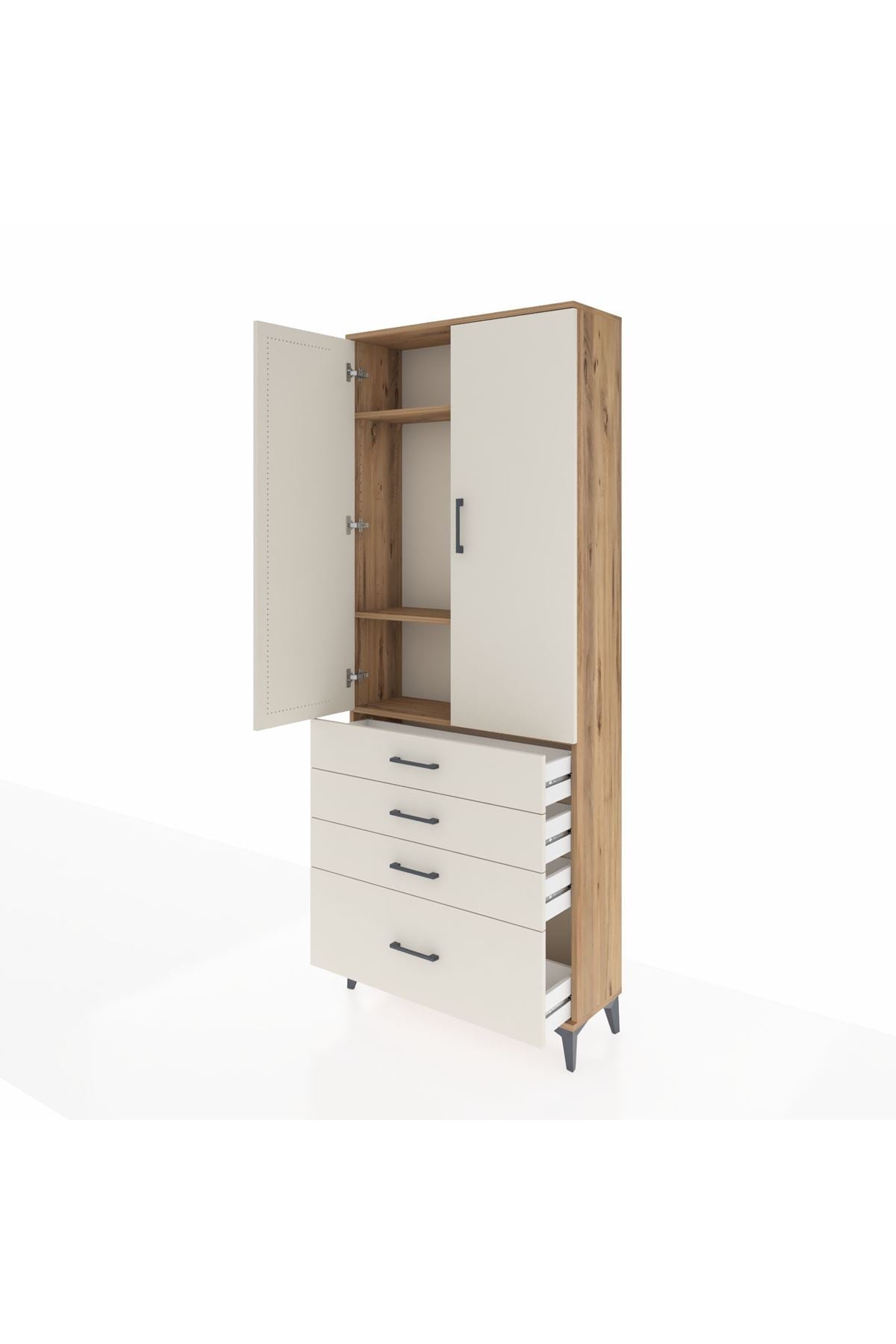 Arges Dolap 3 Raflı 4 Çekmeceli 2 Kapaklı 88x30x221 Çam-Aytaşı