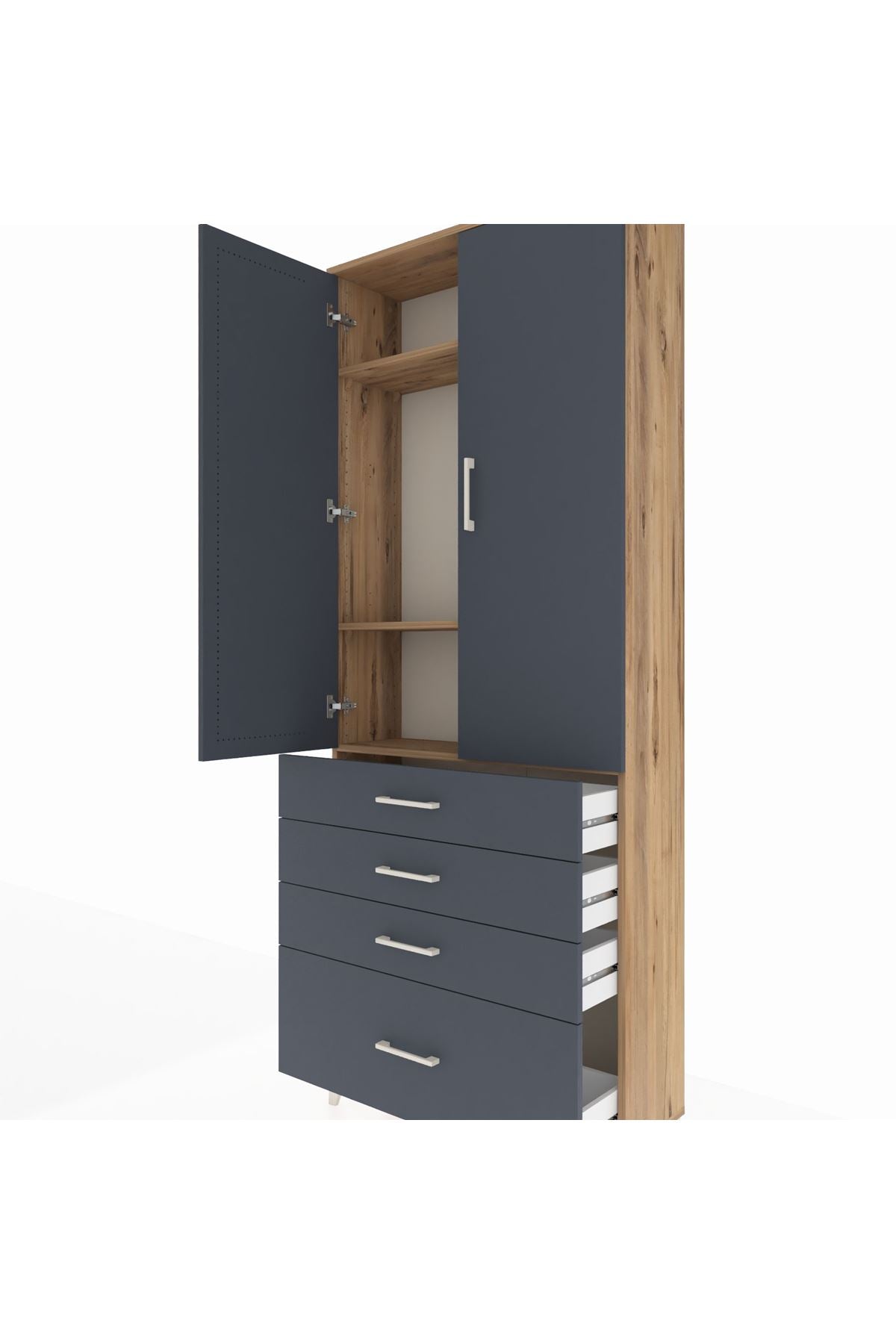 Arges Dolap 3 Raflı 4 Çekmeceli 2 Kapaklı 88x30x221 Çam-Antrasit