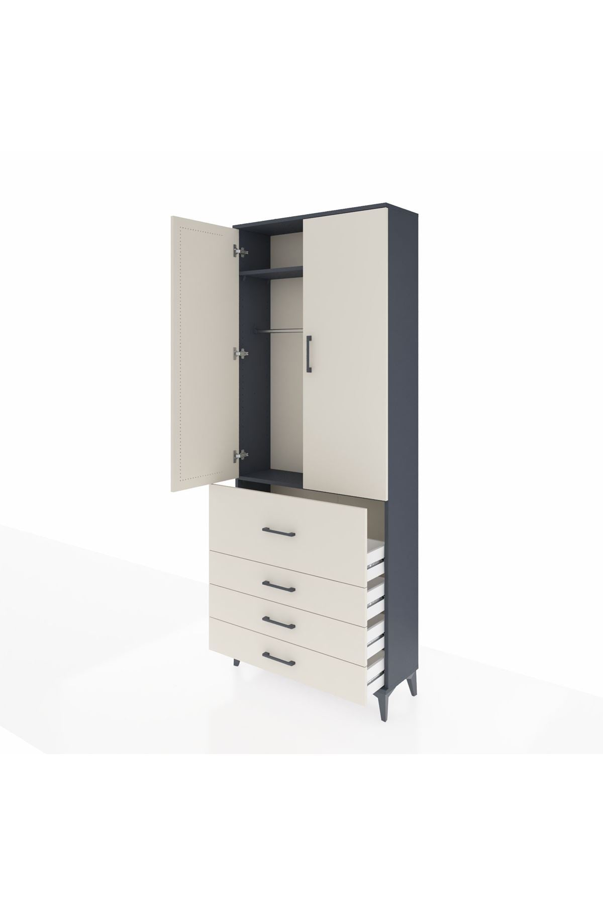 Arges Dolap 2 Raflı 4 Çekmeceli Tek Askılı 88x30x221 Antrasit-Aytaşı