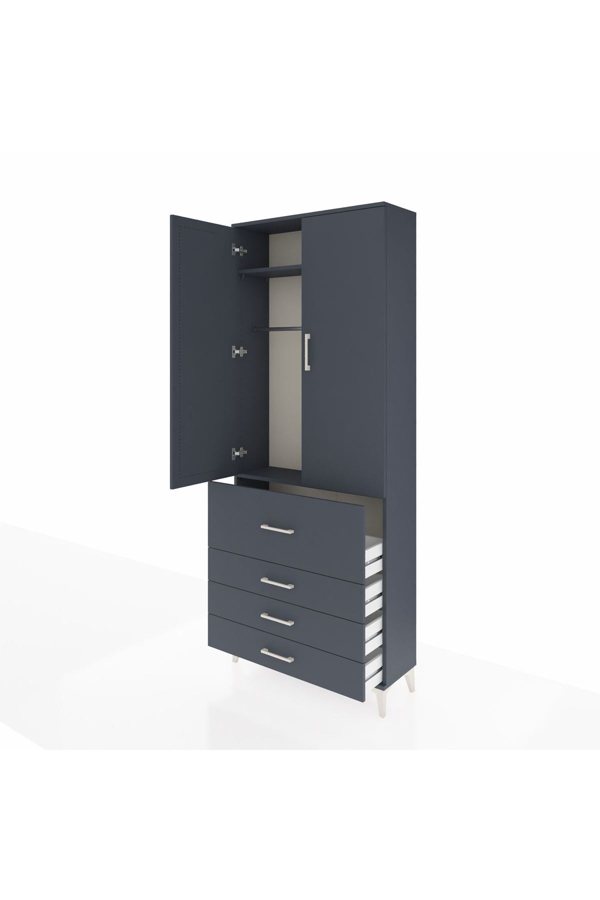 Arges Dolap 2 Raflı 4 Çekmeceli Tek Askılı 88x30x221 Antrasit-Antrasit