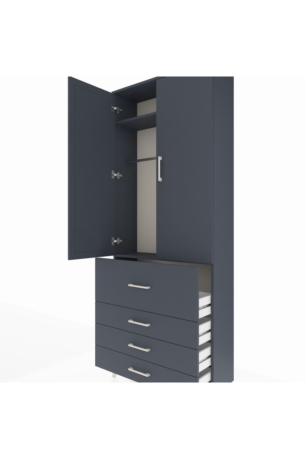 Arges Dolap 2 Raflı 4 Çekmeceli Tek Askılı 88x30x221 Antrasit-Antrasit