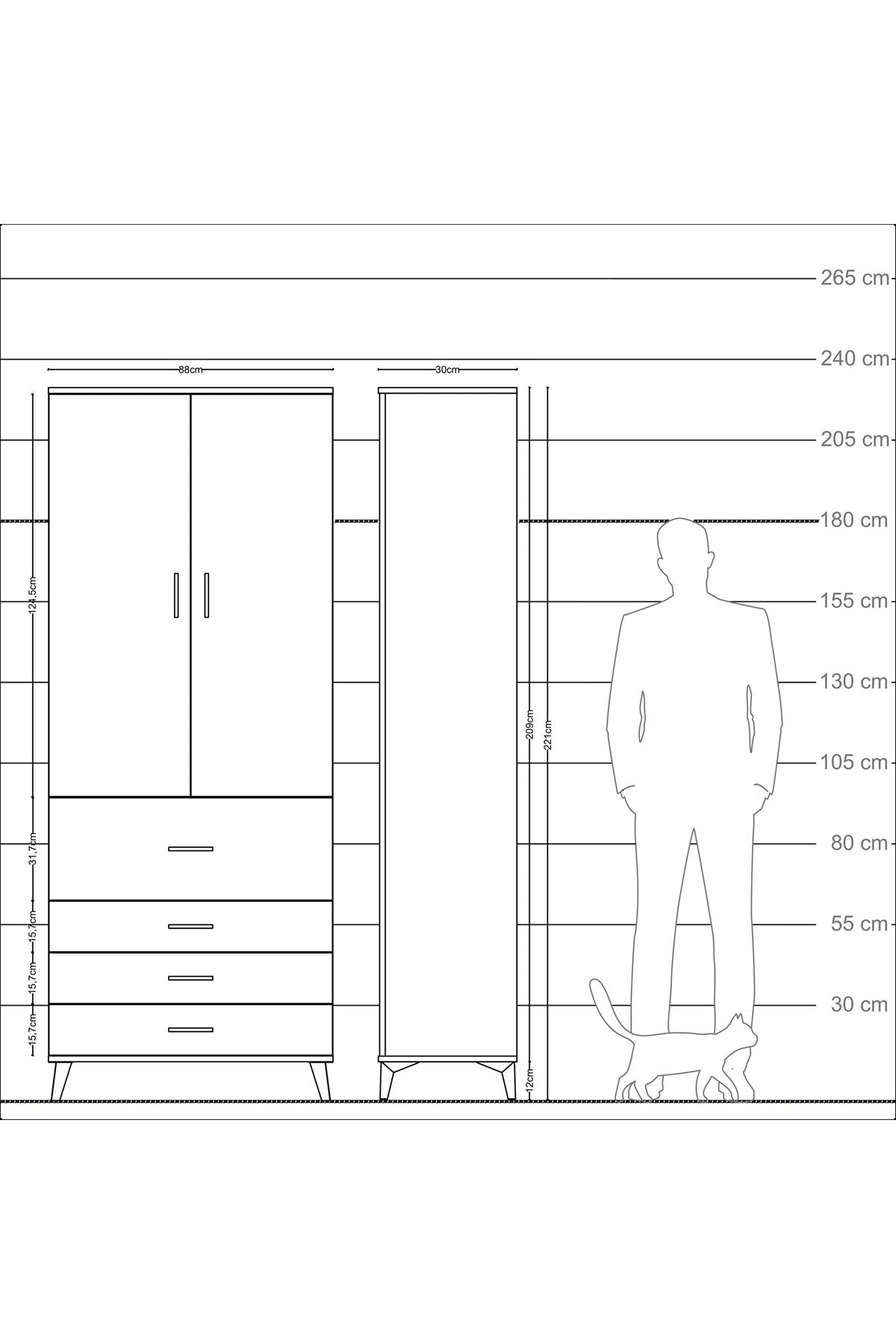 Arges Dolap 2 Raflı 4 Çekmeceli Tek Askılı 88x30x221 Antrasit-Antrasit