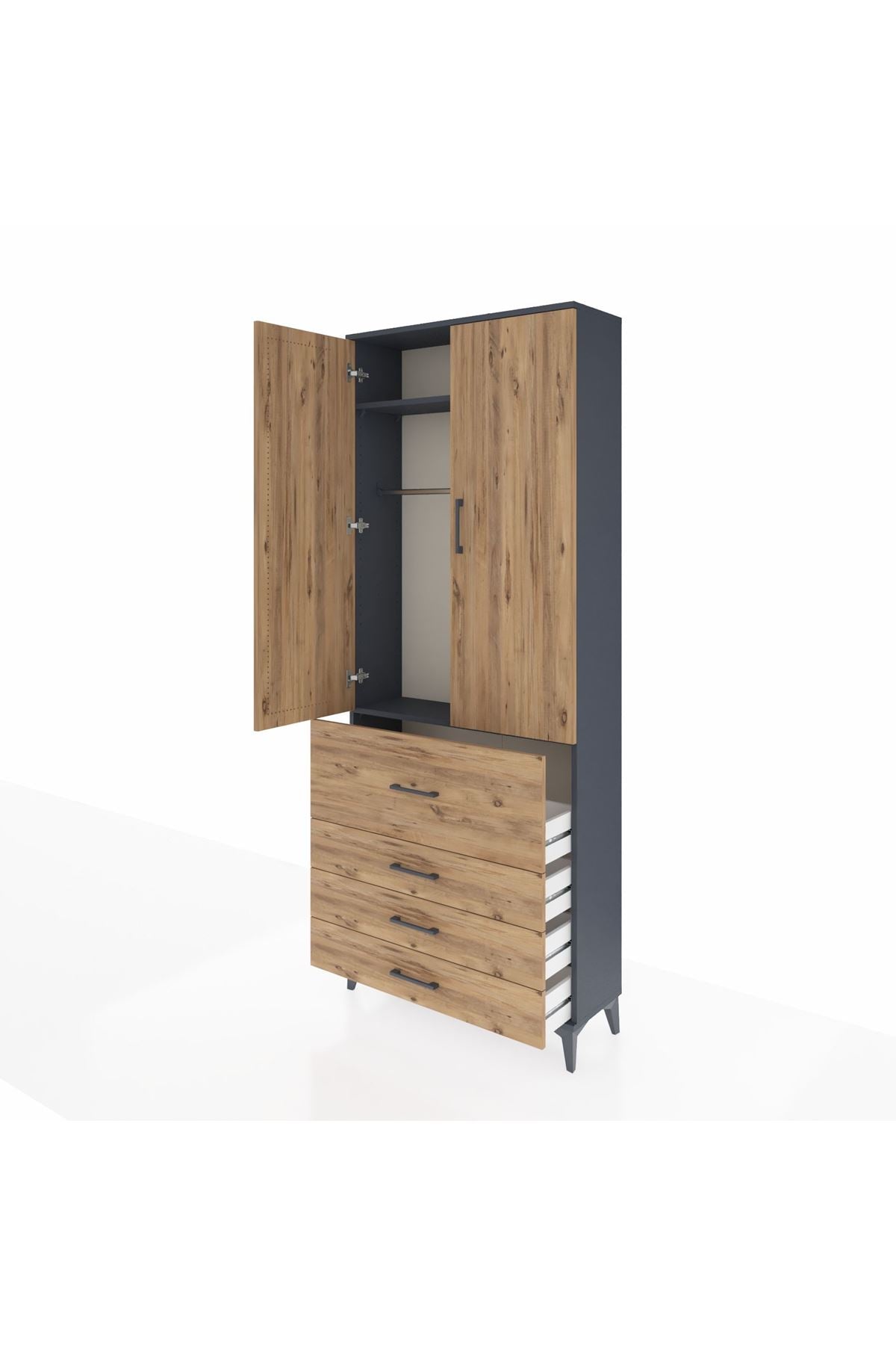 Arges Dolap 2 Raflı 4 Çekmeceli Tek Askılı 88x30x221 Antrasit-Çam