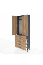 Arges Dolap 2 Raflı 4 Çekmeceli Tek Askılı 88x30x221 Antrasit-Çam