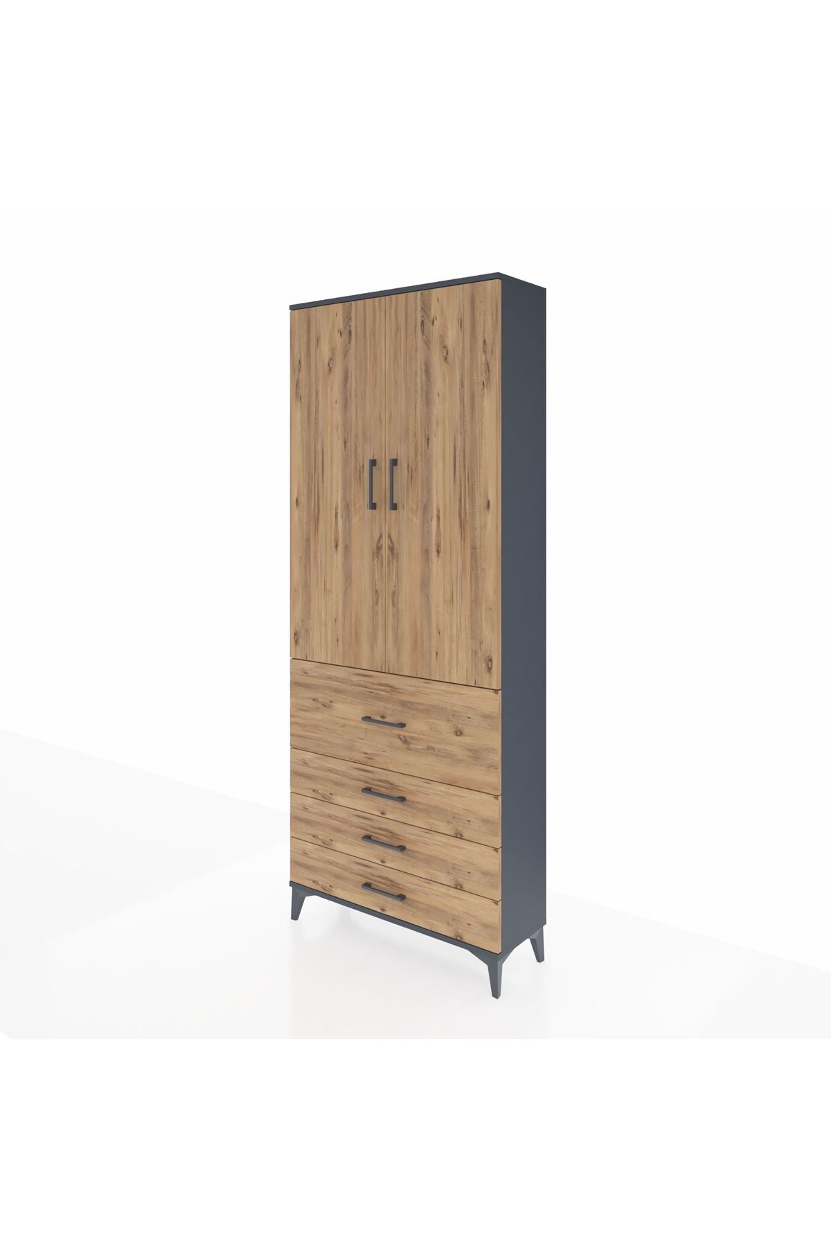 Arges Dolap 2 Raflı 4 Çekmeceli Tek Askılı 88x30x221 Antrasit-Çam