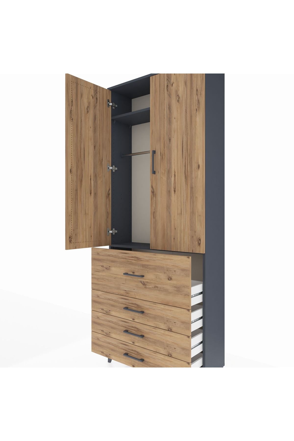 Arges Dolap 2 Raflı 4 Çekmeceli Tek Askılı 88x30x221 Antrasit-Çam