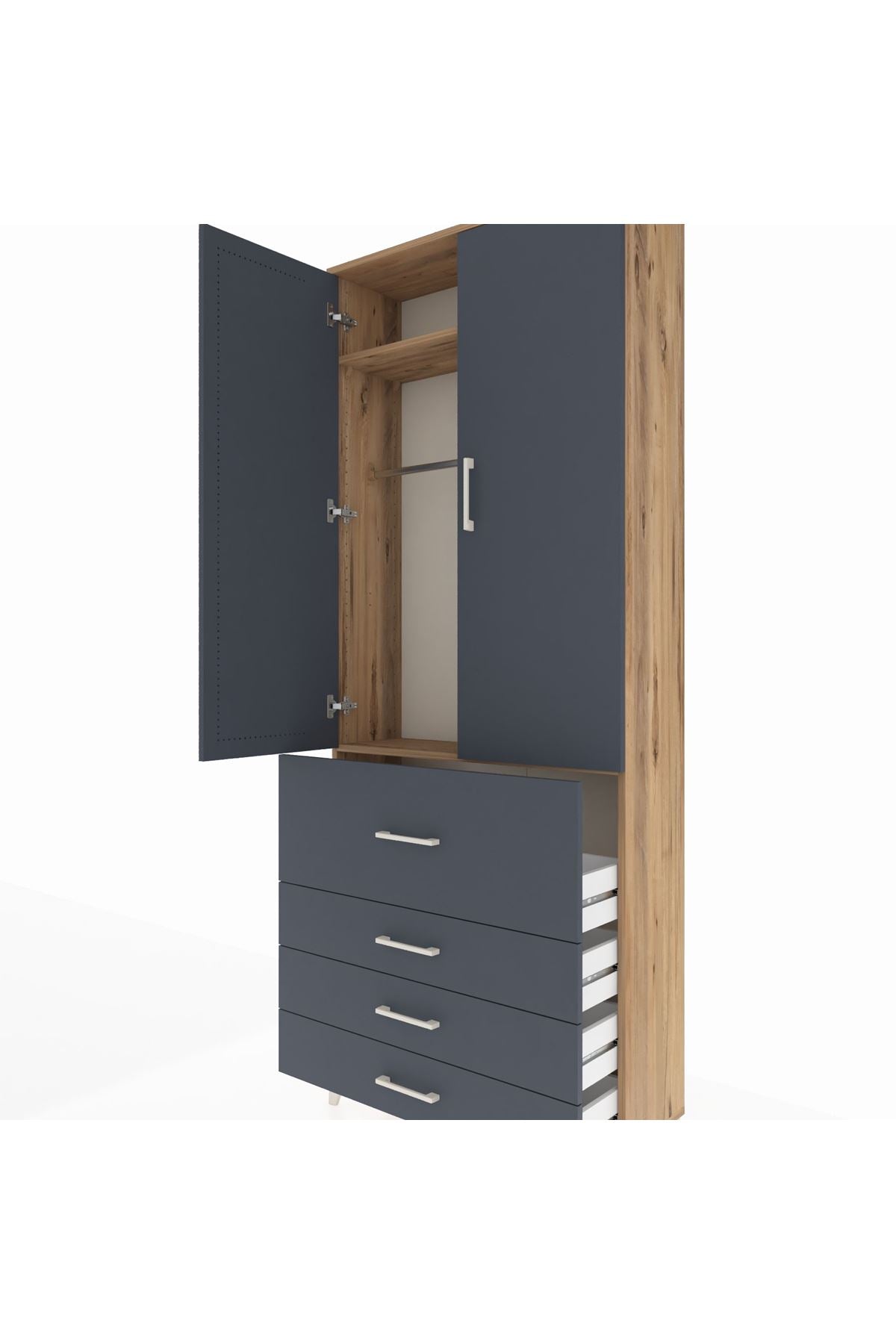 Arges Dolap 2 Raflı 4 Çekmeceli Tek Askılı 88x30x221 Çam-Antrasit