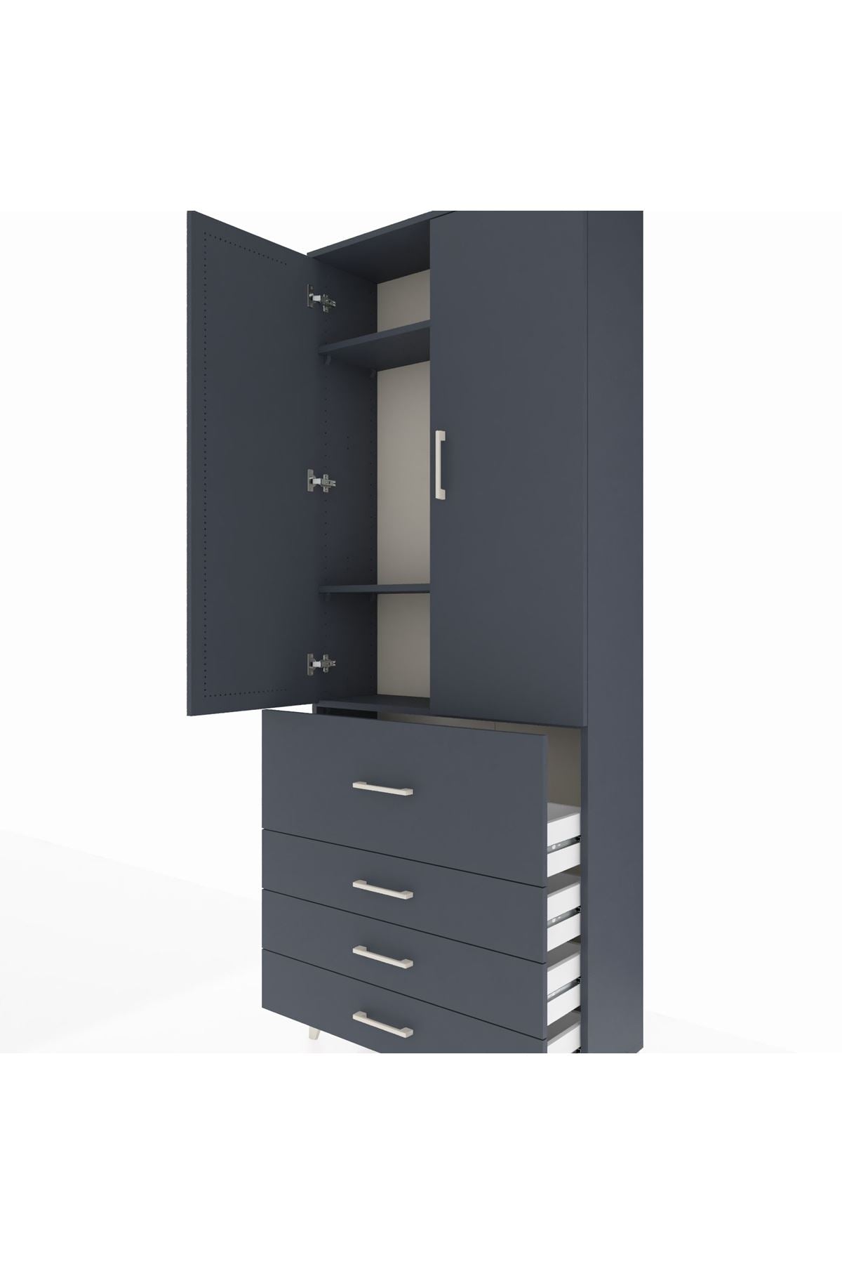 Arges Dolap 3 Raflı 4 Çekmeceli 2 Kapaklı 88x30x221 Antrasit-Antrasit