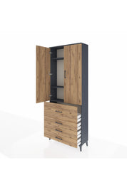 Arges Dolap 3 Raflı 4 Çekmeceli 2 Kapaklı 88x30x221 Antrasit-Çam