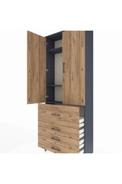 Arges Dolap 3 Raflı 4 Çekmeceli 2 Kapaklı 88x30x221 Antrasit-Çam