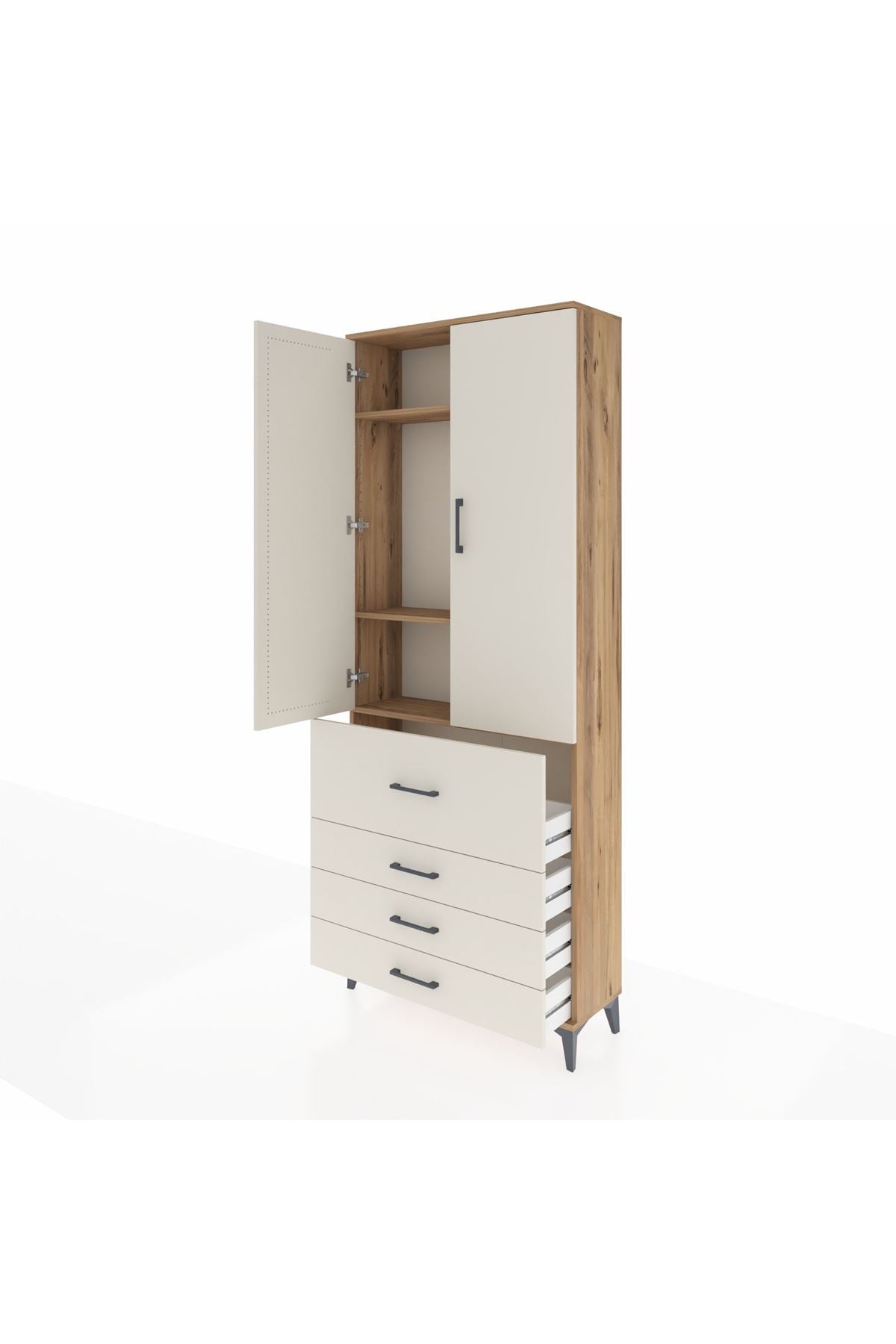 Arges Dolap 3 Raflı 4 Çekmeceli 2 Kapaklı 88x30x221 Çam-Aytaşı