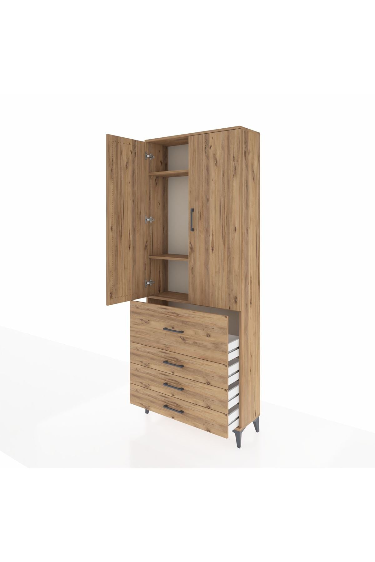 Arges Dolap 3 Raflı 4 Çekmeceli 2 Kapaklı 88x30x221 Çam-Çam