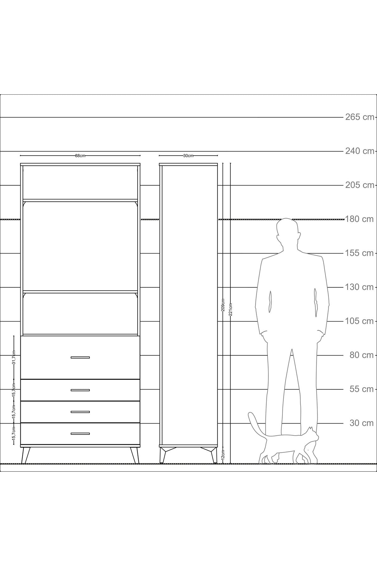 Arges Dolap 3 Raflı 4 Çekmeceli 88x30x221 Çam-Antrasit