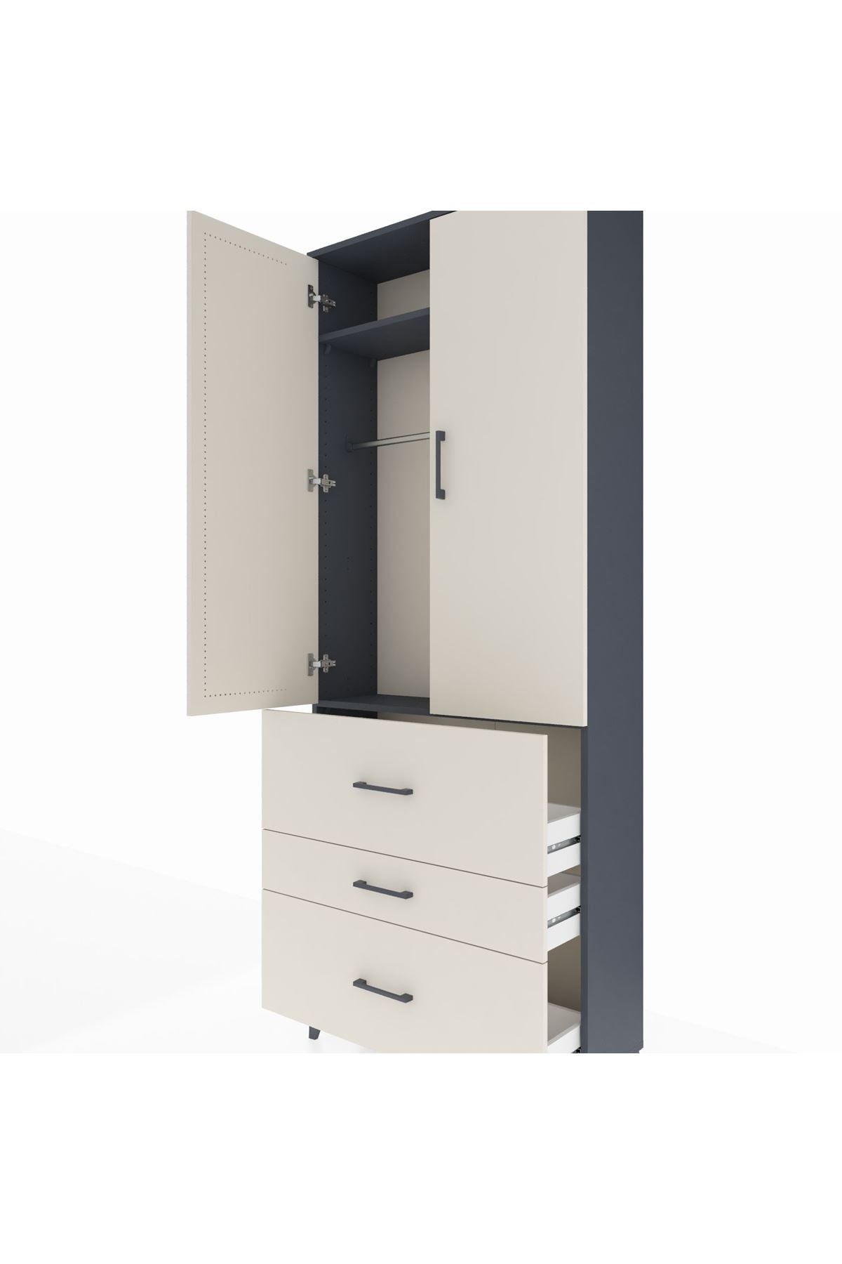 Arges Dolap 2 Raflı 3 Çekmeceli Tek Askılı 88x30x221 Antrasit-Aytaşı