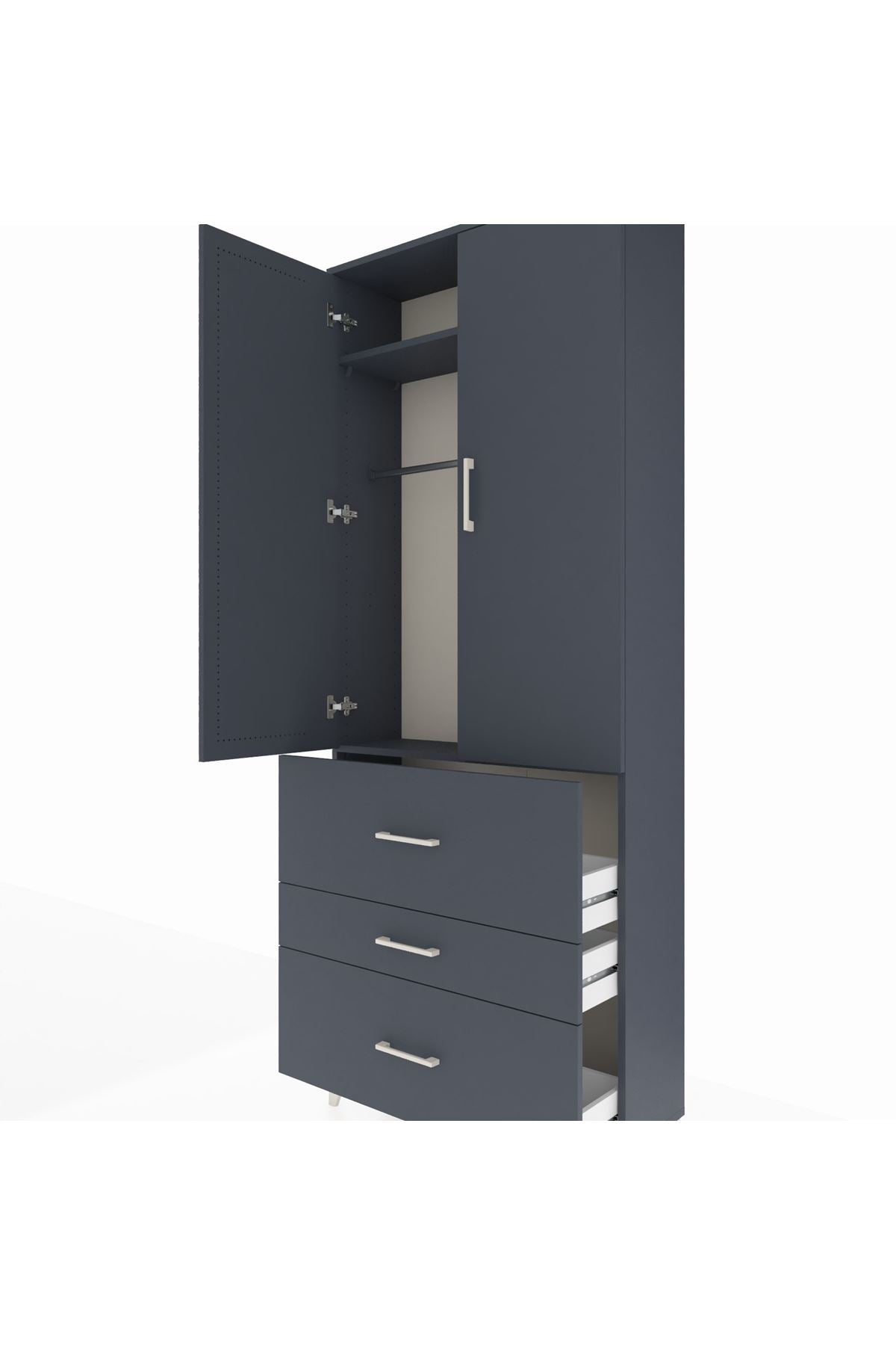 Arges Dolap 2 Raflı 3 Çekmeceli Tek Askılı 88x30x221 Antrasit-Antrasit