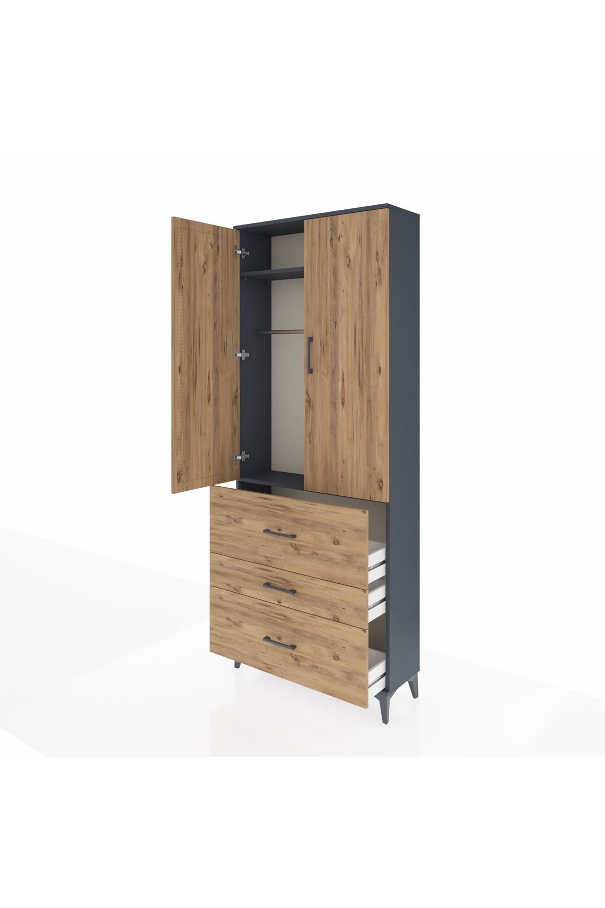 Arges Dolap 2 Raflı 3 Çekmeceli Tek Askılı 88x30x221 Antrasit-Çam