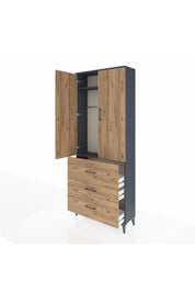 Arges Dolap 2 Raflı 3 Çekmeceli Tek Askılı 88x30x221 Antrasit-Çam