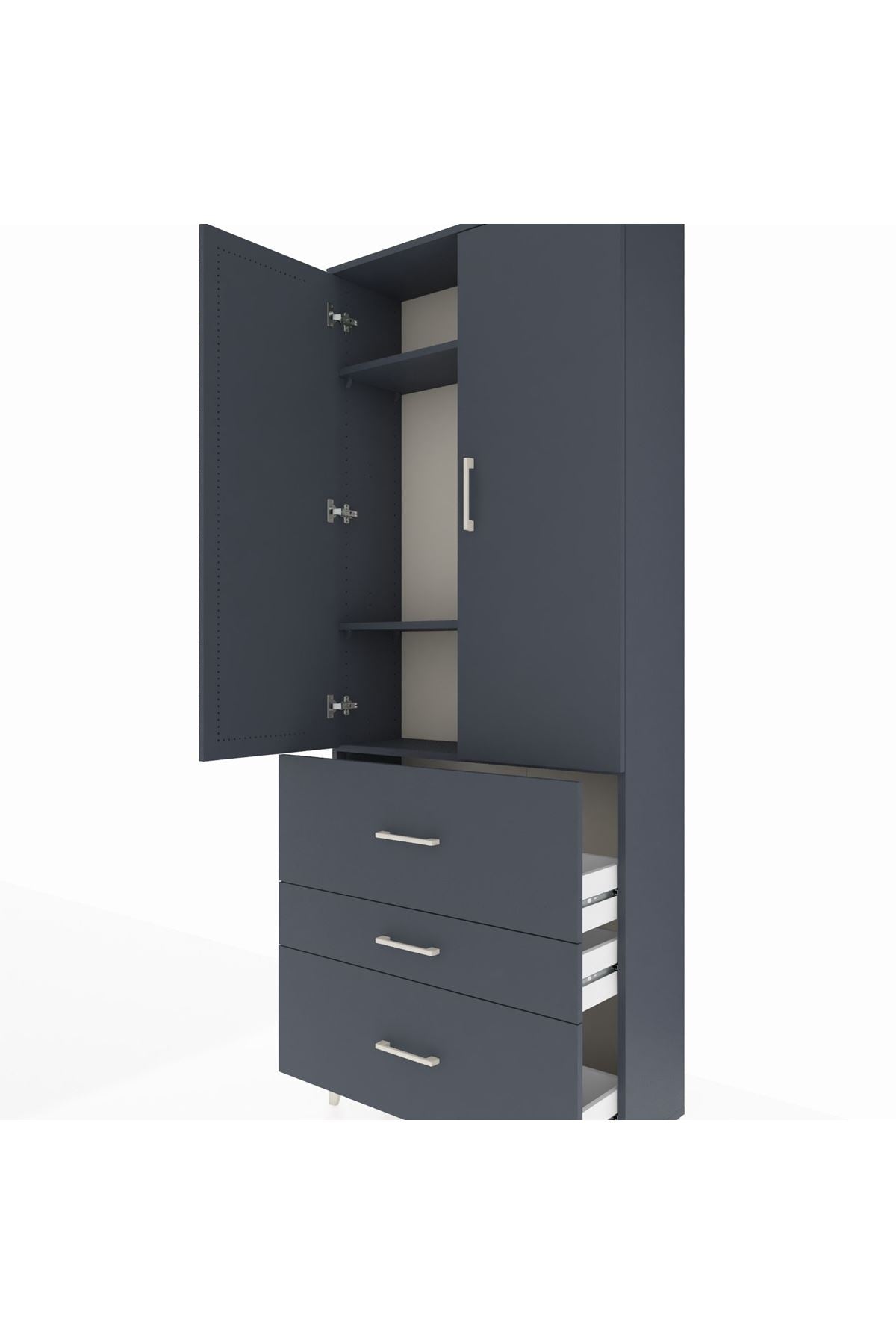 Arges Dolap 3 Raflı 3 Çekmeceli 2 Kapaklı 88x30x221 Antrasit-Antrasit