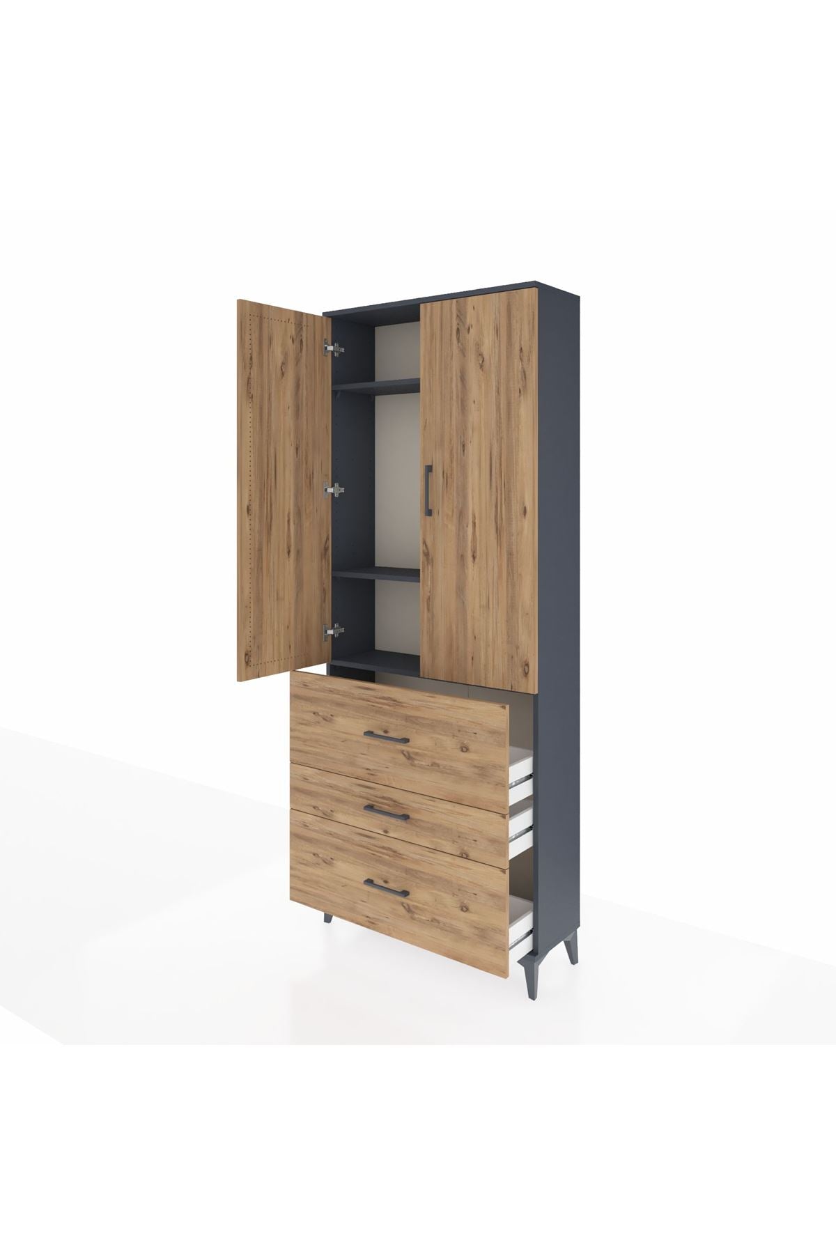 Arges Dolap 3 Raflı 3 Çekmeceli 2 Kapaklı 88x30x221 Antrasit-Çam
