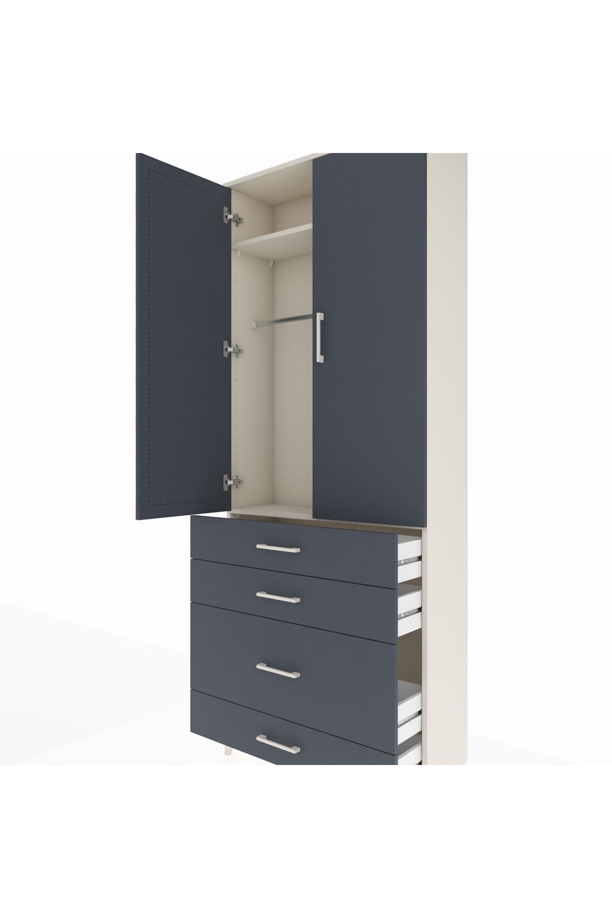 Arges Dolap 2 Raflı 4 Çekmeceli Tek Askılı 88x30x221 Aytaşı-Antrasit