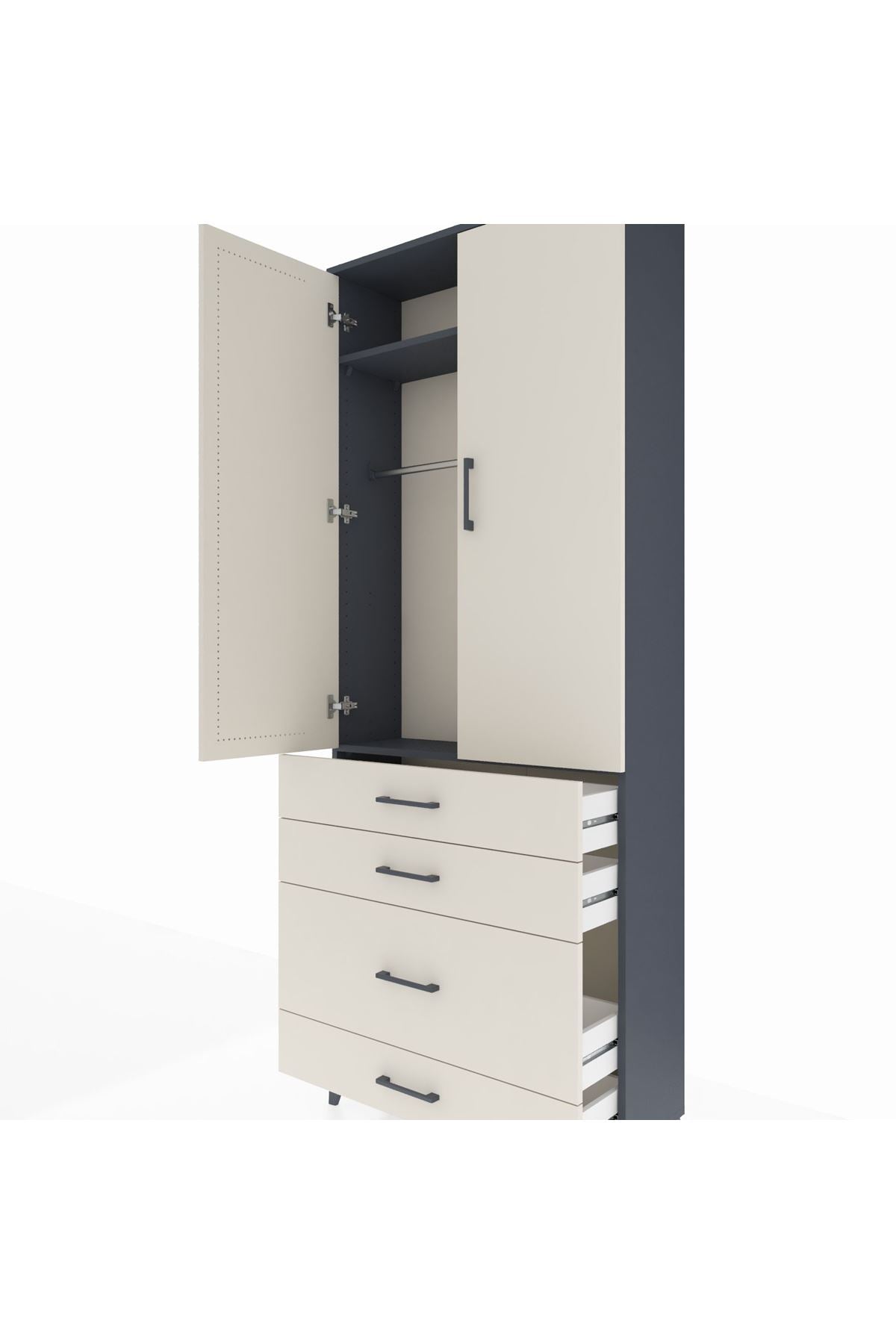 Arges Dolap 2 Raflı 4 Çekmeceli Tek Askılı 88x30x221 Antrasit-Aytaşı