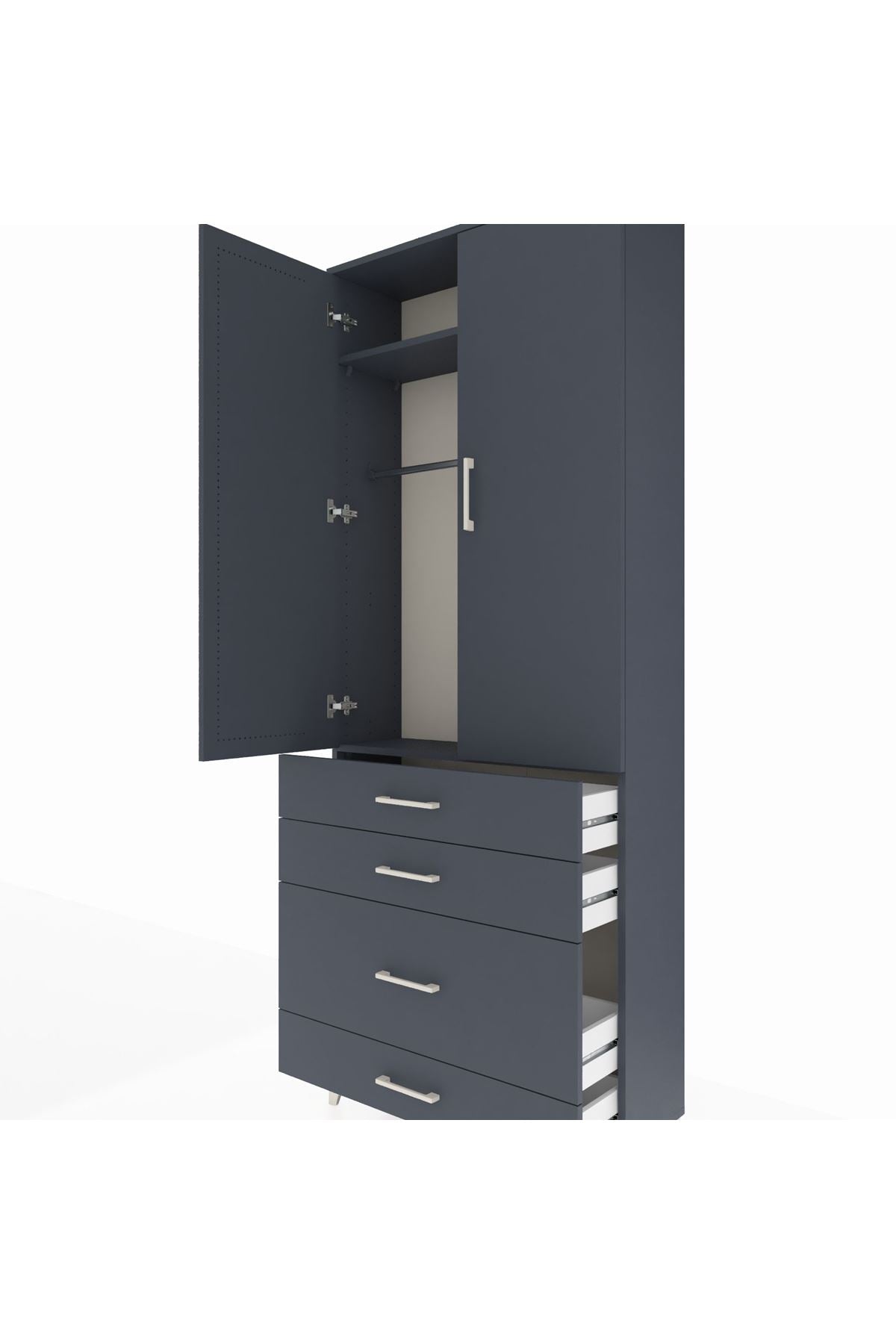 Arges Dolap 2 Raflı 4 Çekmeceli Tek Askılı 88x30x221 Antrasit-Antrasit