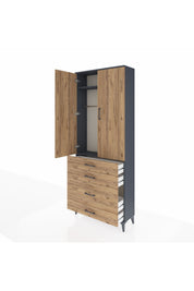 Arges Dolap 2 Raflı 4 Çekmeceli Tek Askılı 88x30x221 Antrasit-Çam