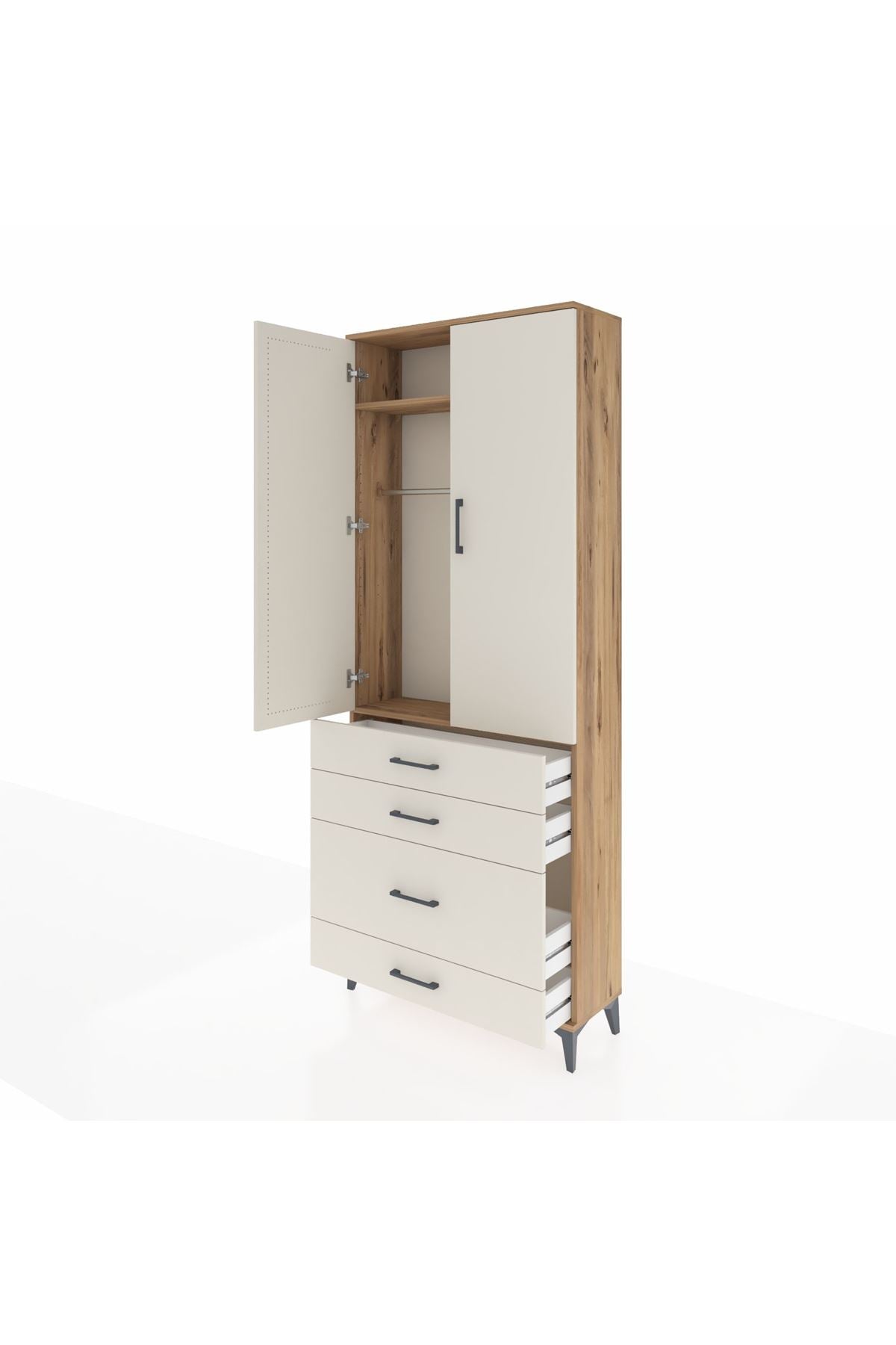 Arges Dolap 2 Raflı 4 Çekmeceli Tek Askılı 88x30x221 Çam-Aytaşı