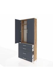 Arges Dolap 2 Raflı 4 Çekmeceli Tek Askılı 88x30x221 Çam-Antrasit