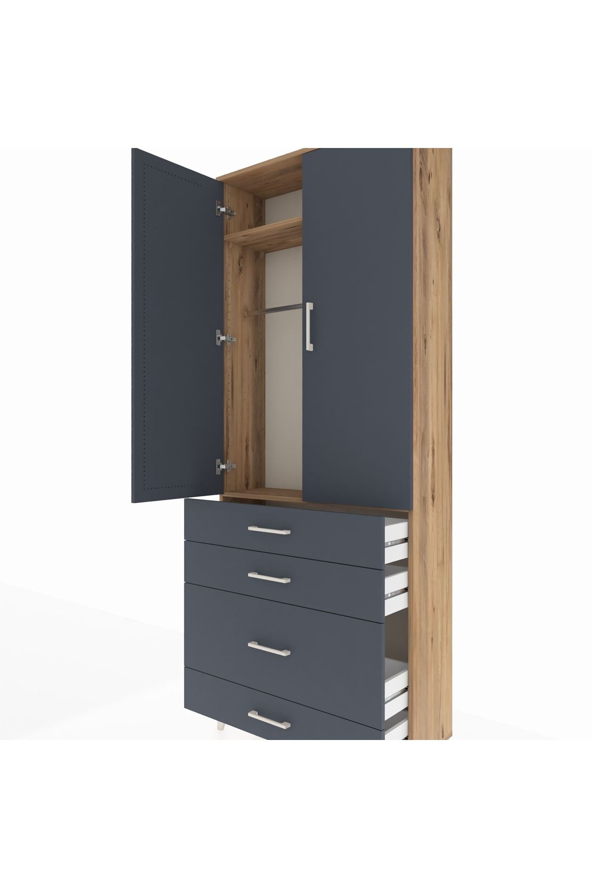 Arges Dolap 2 Raflı 4 Çekmeceli Tek Askılı 88x30x221 Çam-Antrasit