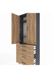 Arges Dolap 3 Raflı 4 Çekmeceli 2 Kapaklı 88x30x221 Antrasit-Çam