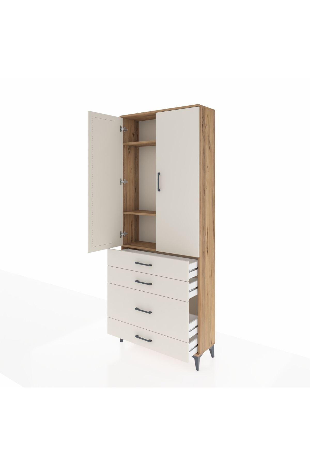 Arges Dolap 3 Raflı 4 Çekmeceli 2 Kapaklı 88x30x221 Çam-Aytaşı