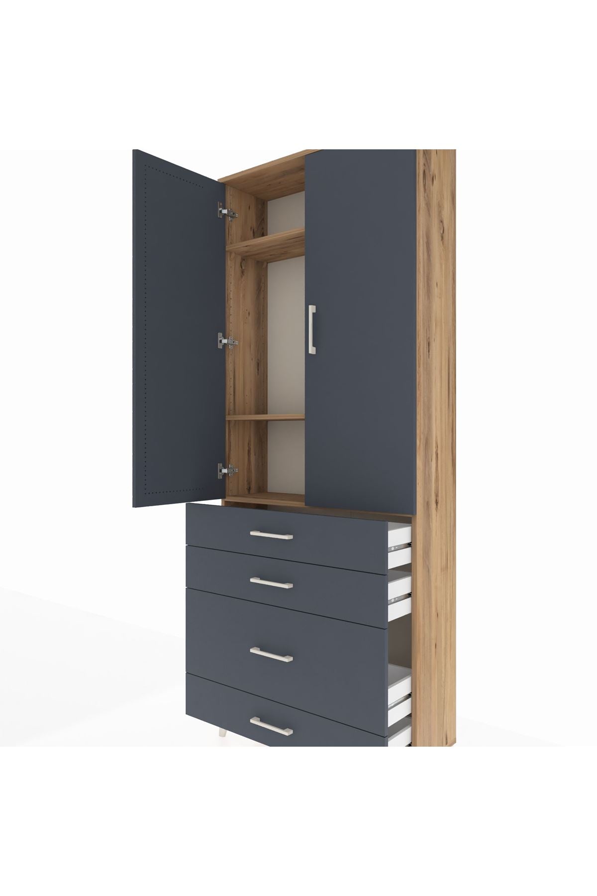 Arges Dolap 3 Raflı 4 Çekmeceli 2 Kapaklı 88x30x221 Çam-Antrasit