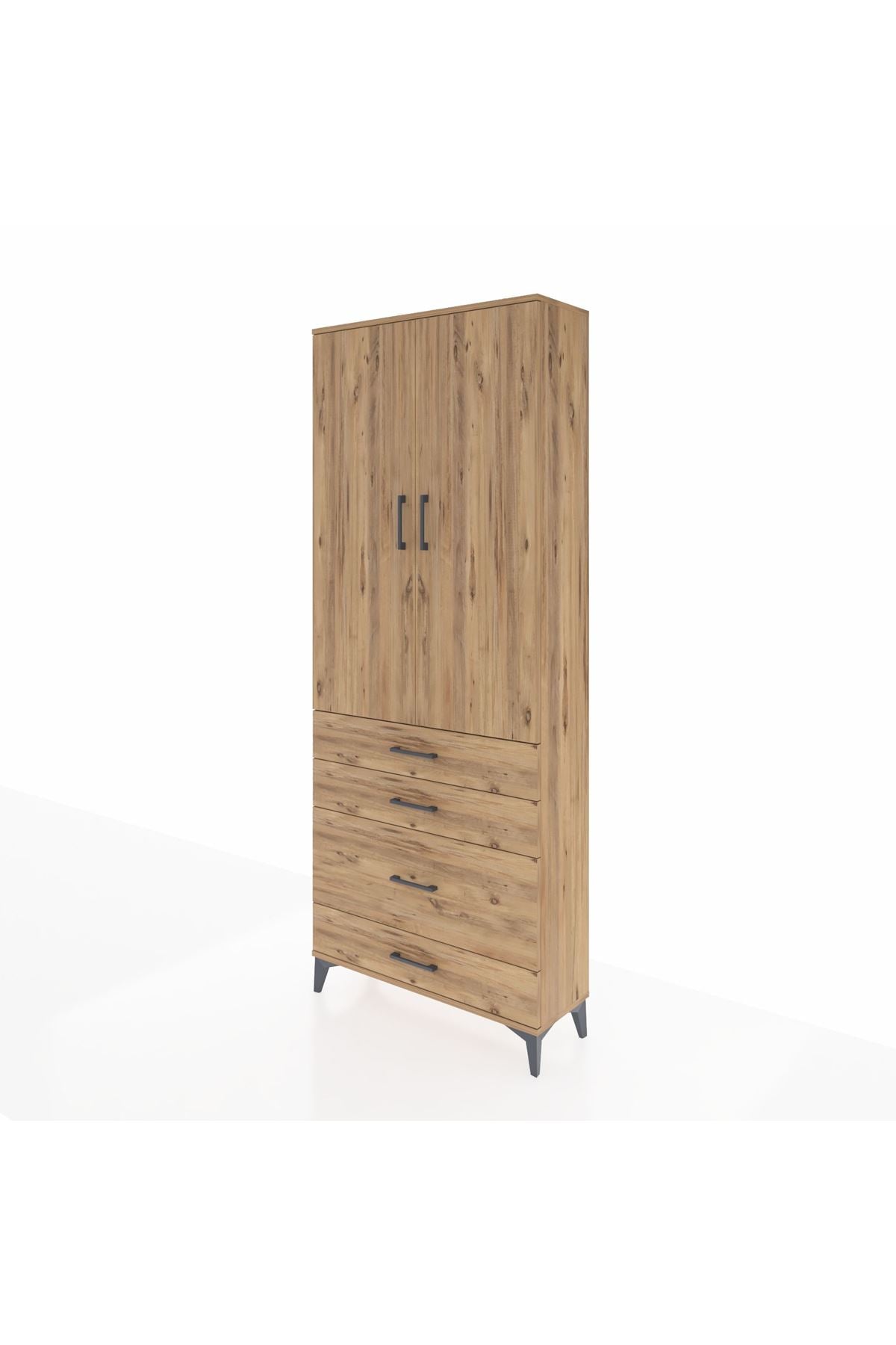 Arges Dolap 3 Raflı 4 Çekmeceli 2 Kapaklı 88x30x221 Çam-Çam