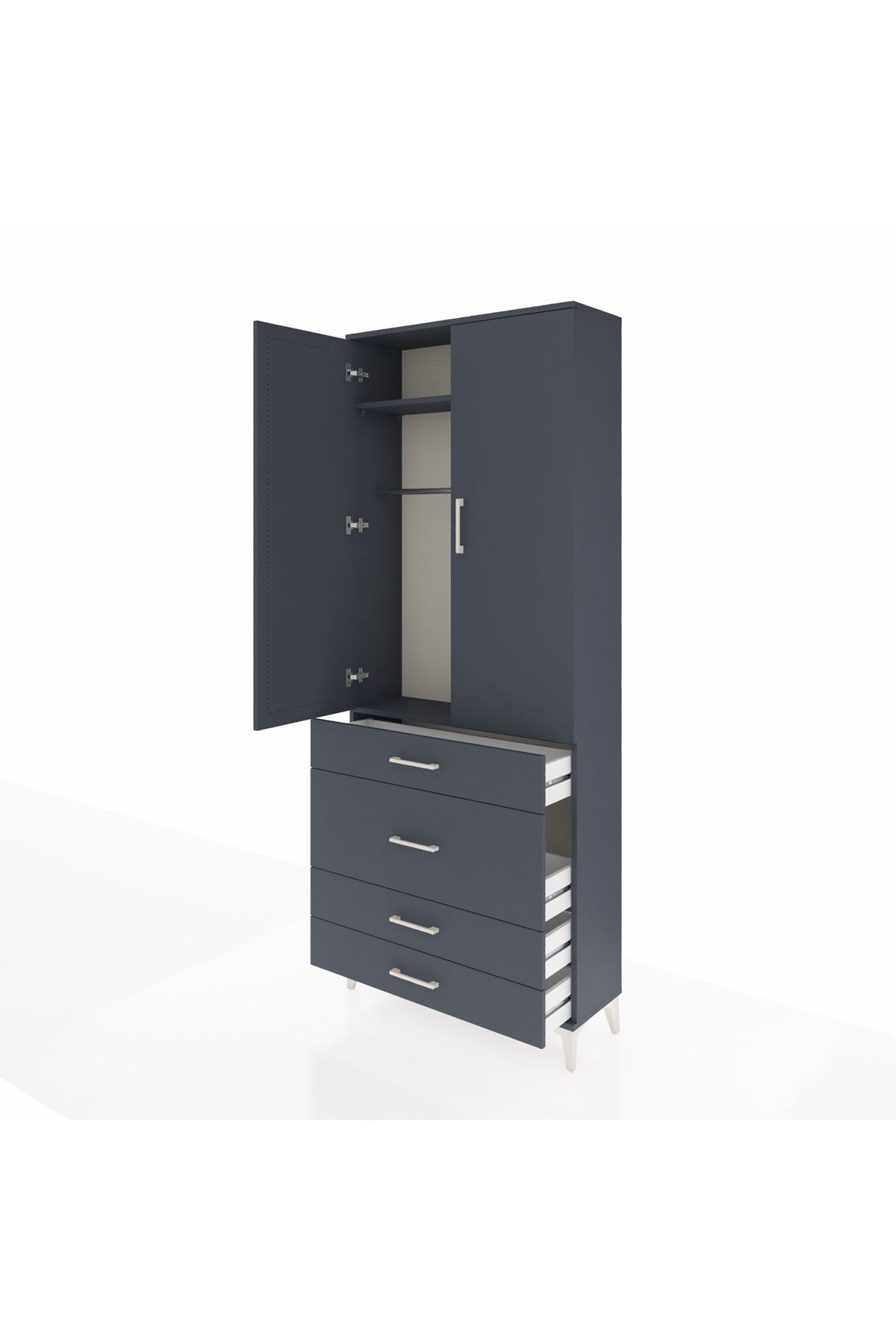 Arges Dolap 2 Raflı 4 Çekmeceli Tek Askılı 88x30x221 Antrasit-Antrasit