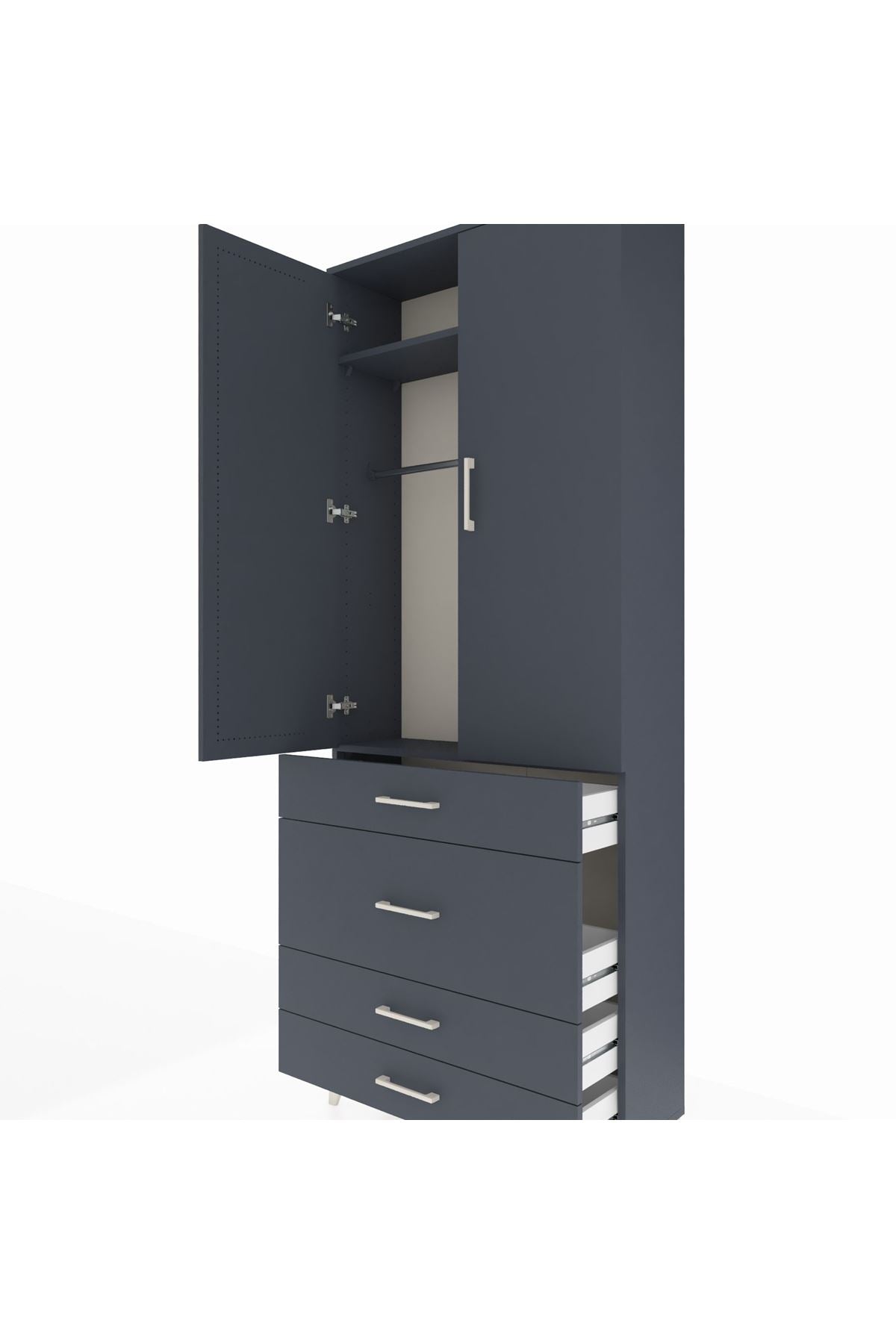 Arges Dolap 2 Raflı 4 Çekmeceli Tek Askılı 88x30x221 Antrasit-Antrasit