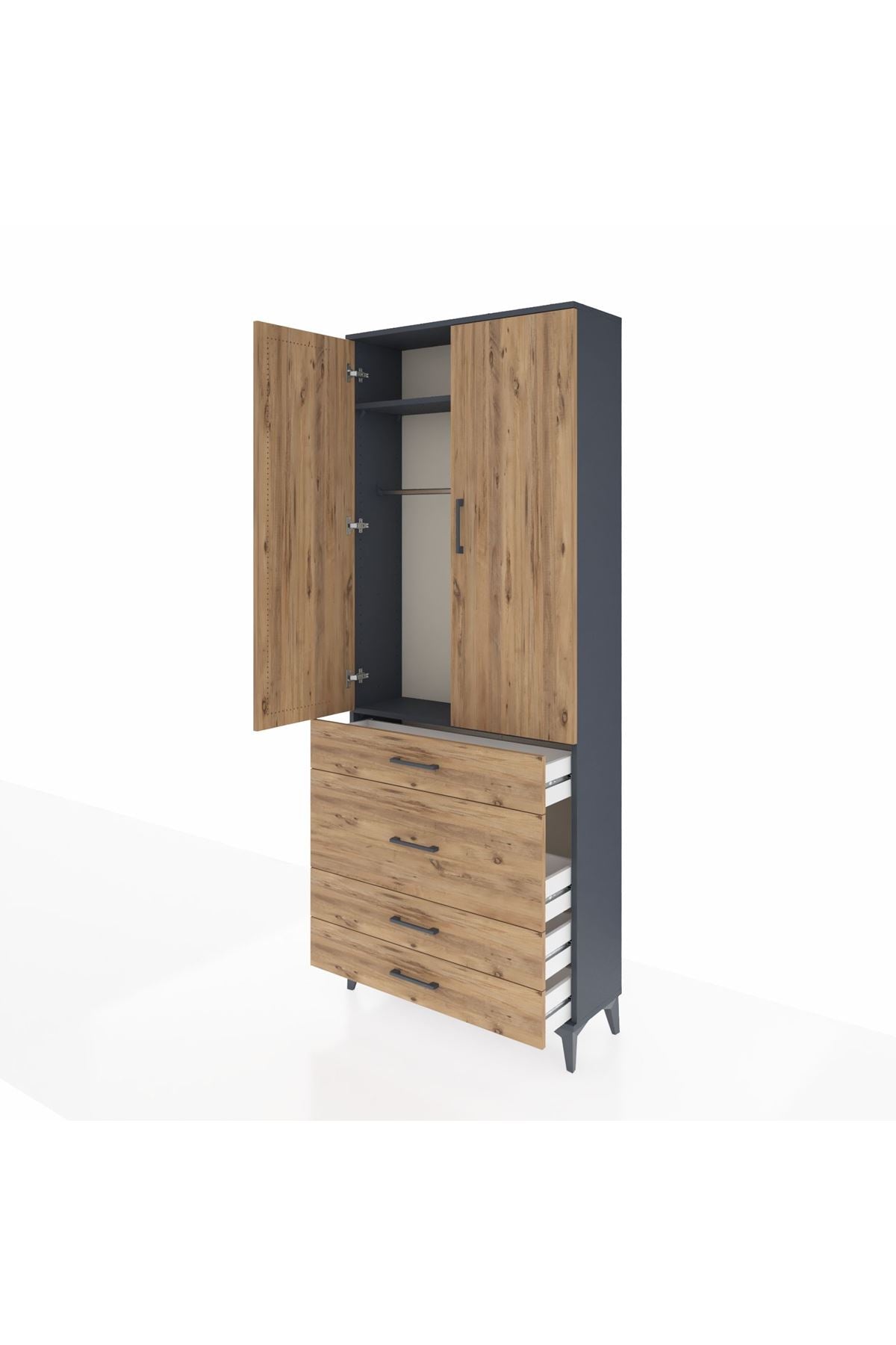 Arges Dolap 2 Raflı 4 Çekmeceli Tek Askılı 88x30x221 Antrasit-Çam