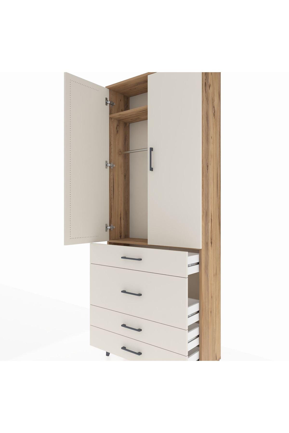 Arges Dolap 2 Raflı 4 Çekmeceli Tek Askılı 88x30x221 Çam-Aytaşı