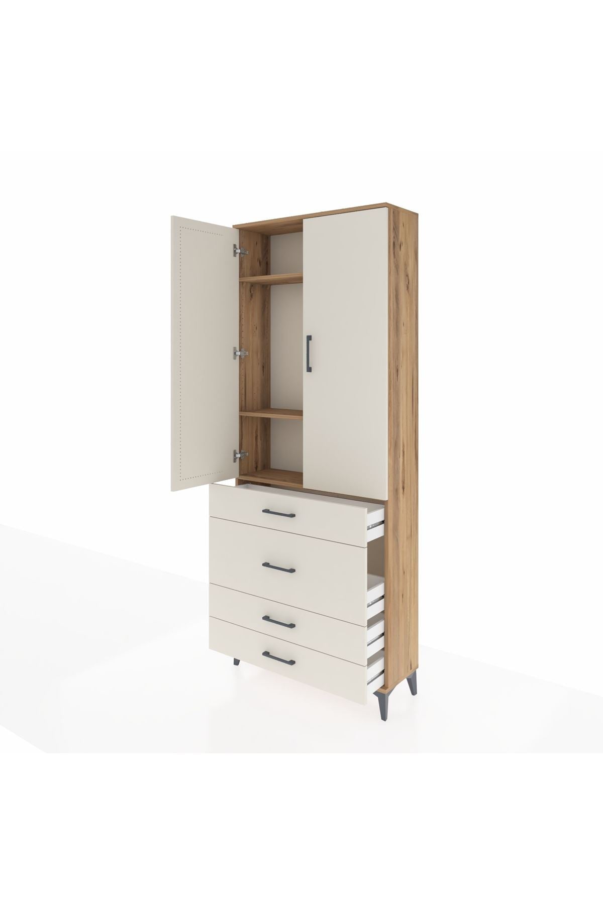 Arges Dolap 3 Raflı 4 Çekmeceli 2 Kapaklı 88x30x221 Çam-Aytaşı