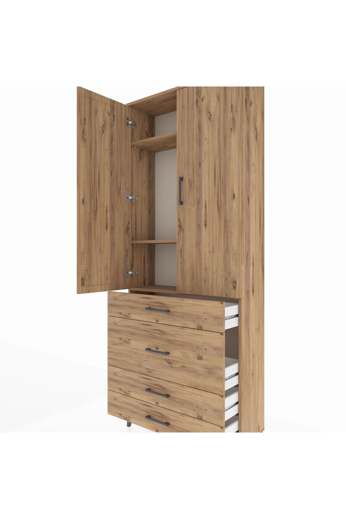 Arges Dolap 3 Raflı 4 Çekmeceli 2 Kapaklı 88x30x221 Çam-Çam